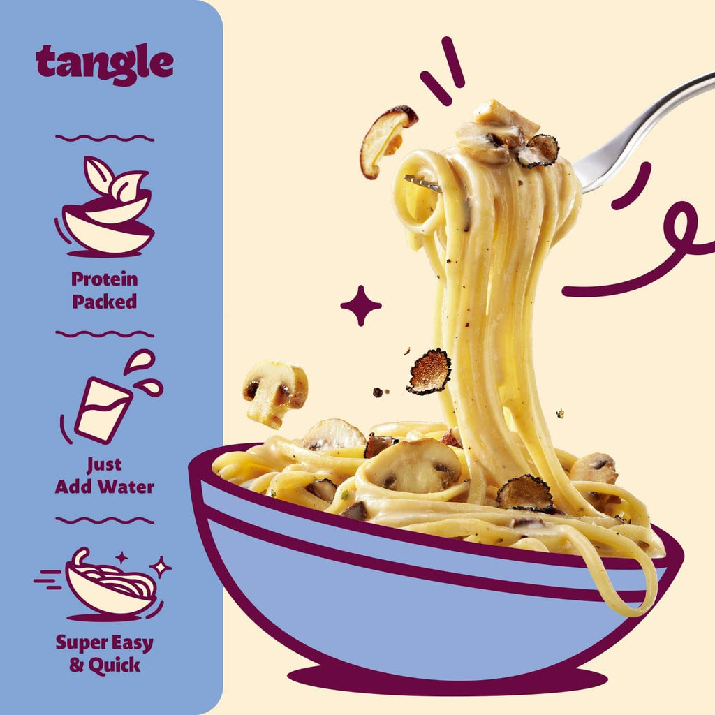 Tangle creamy mushroom pasta bowl with mushrooms, shown with protein and quick-add panel