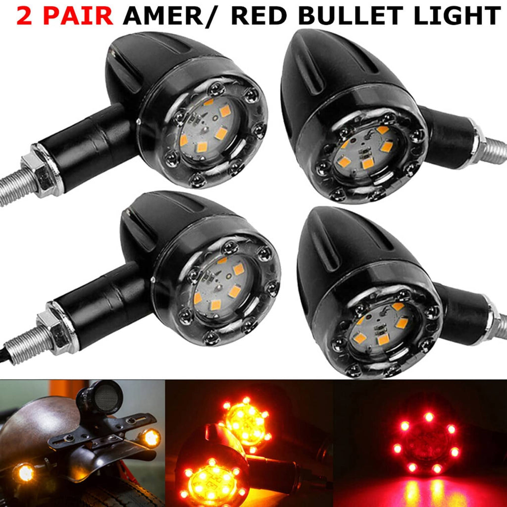 Black LED motorcycle turn signal lights, 4-pack with clear round lens and metal mounting bolts