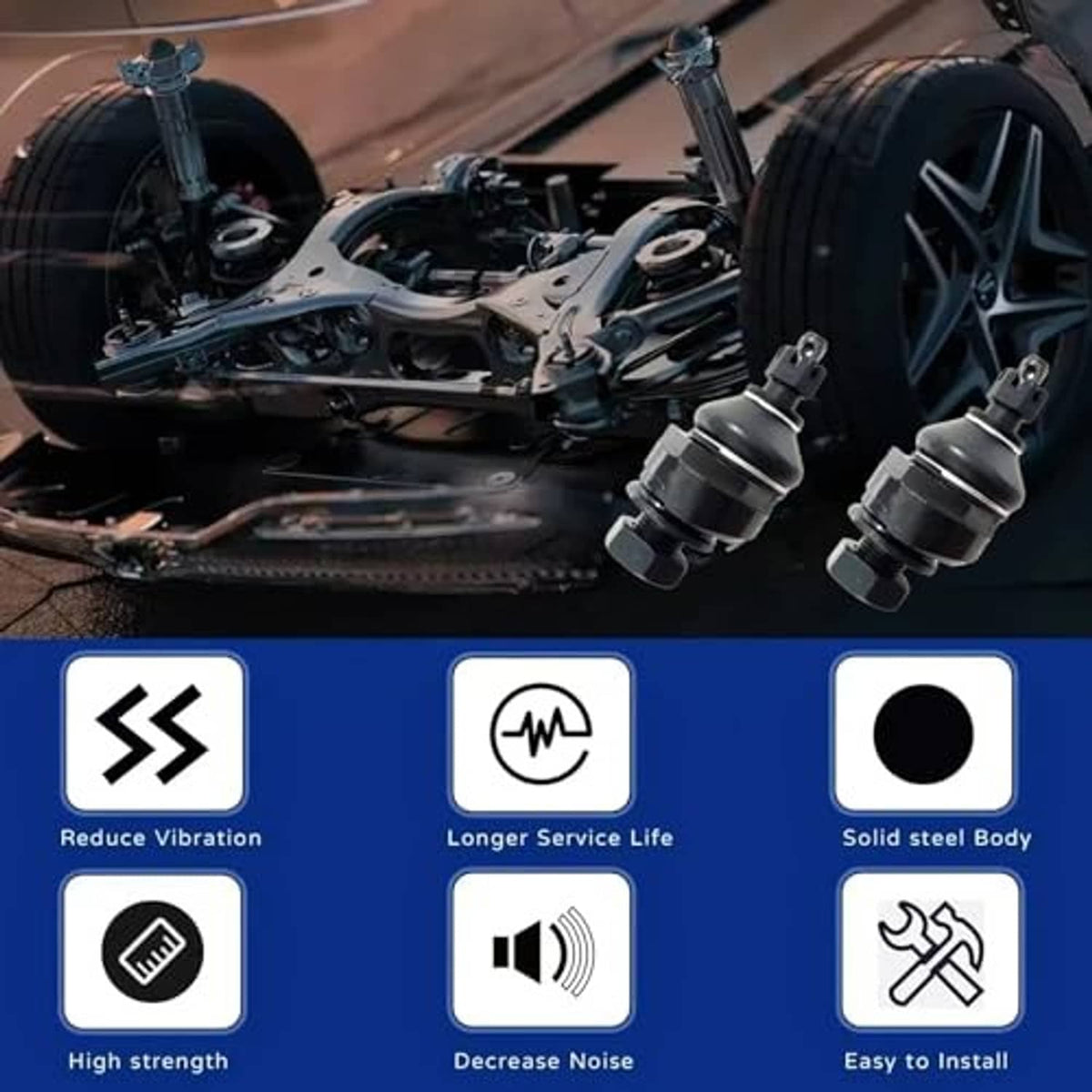 Front upper ball joint kit promotional graphic with vehicle service icons