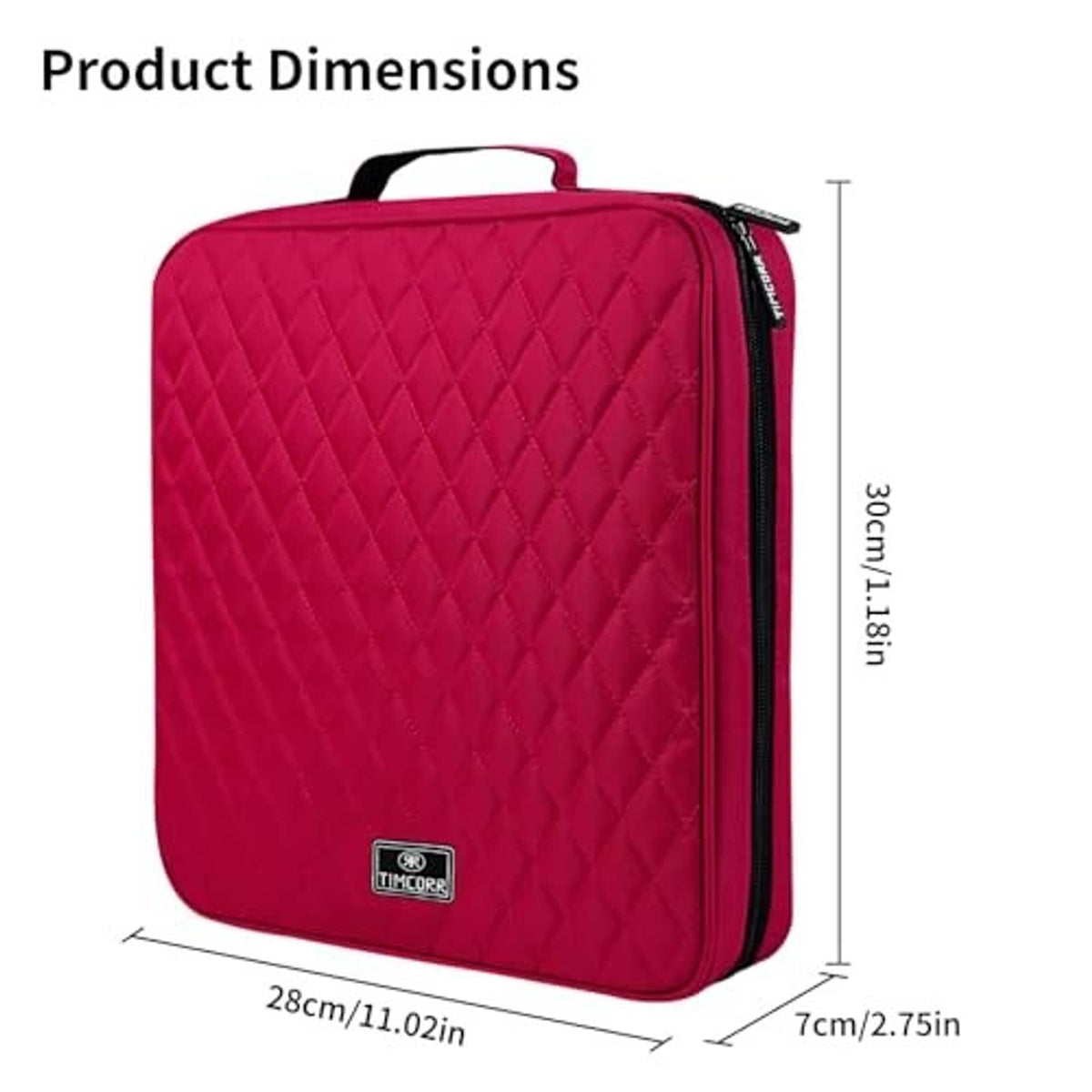 Red quilted CD storage case with zipper and carry handle, compact rectangular shape