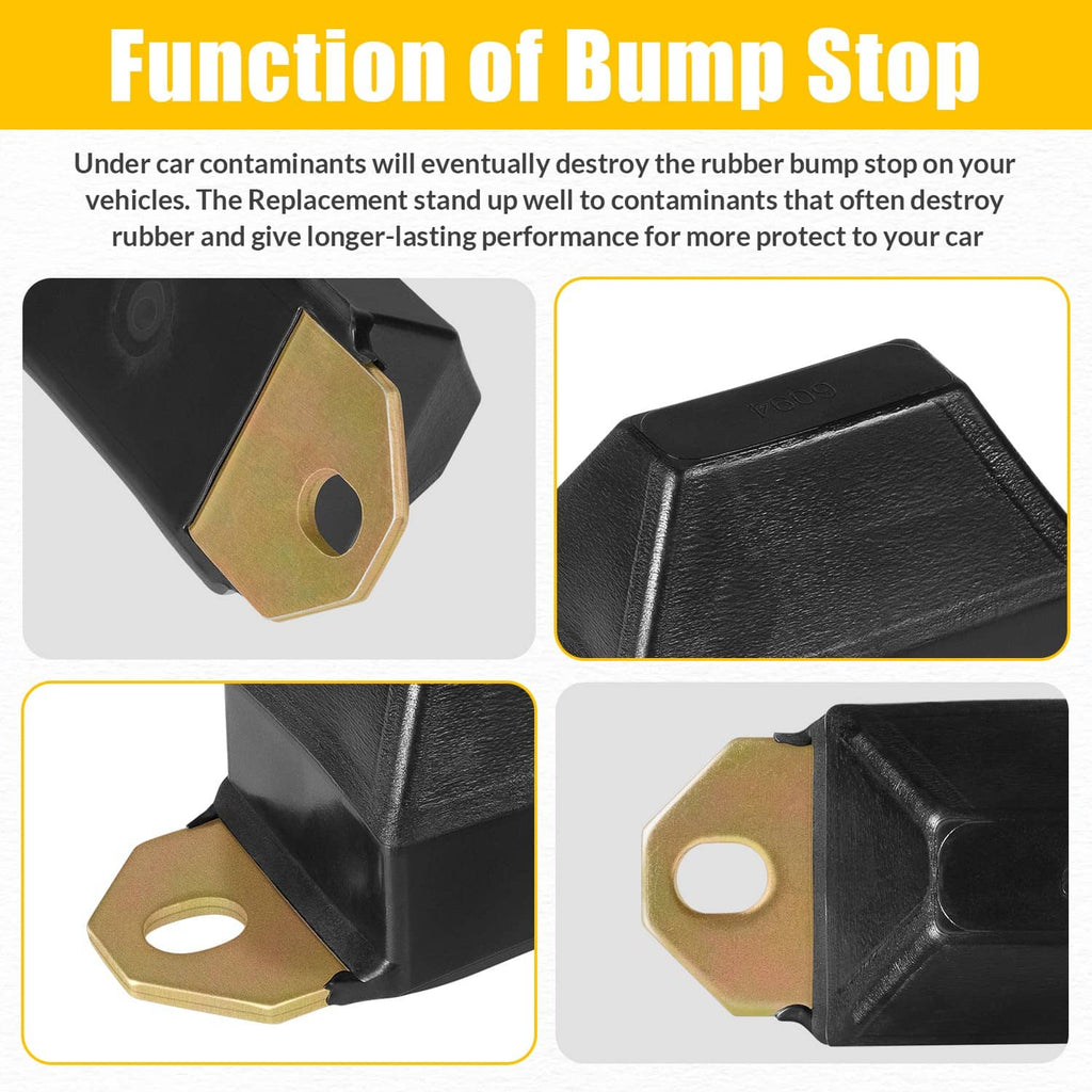 Universal bump stop set close-up of black rubber stop and brass-colored mounting base