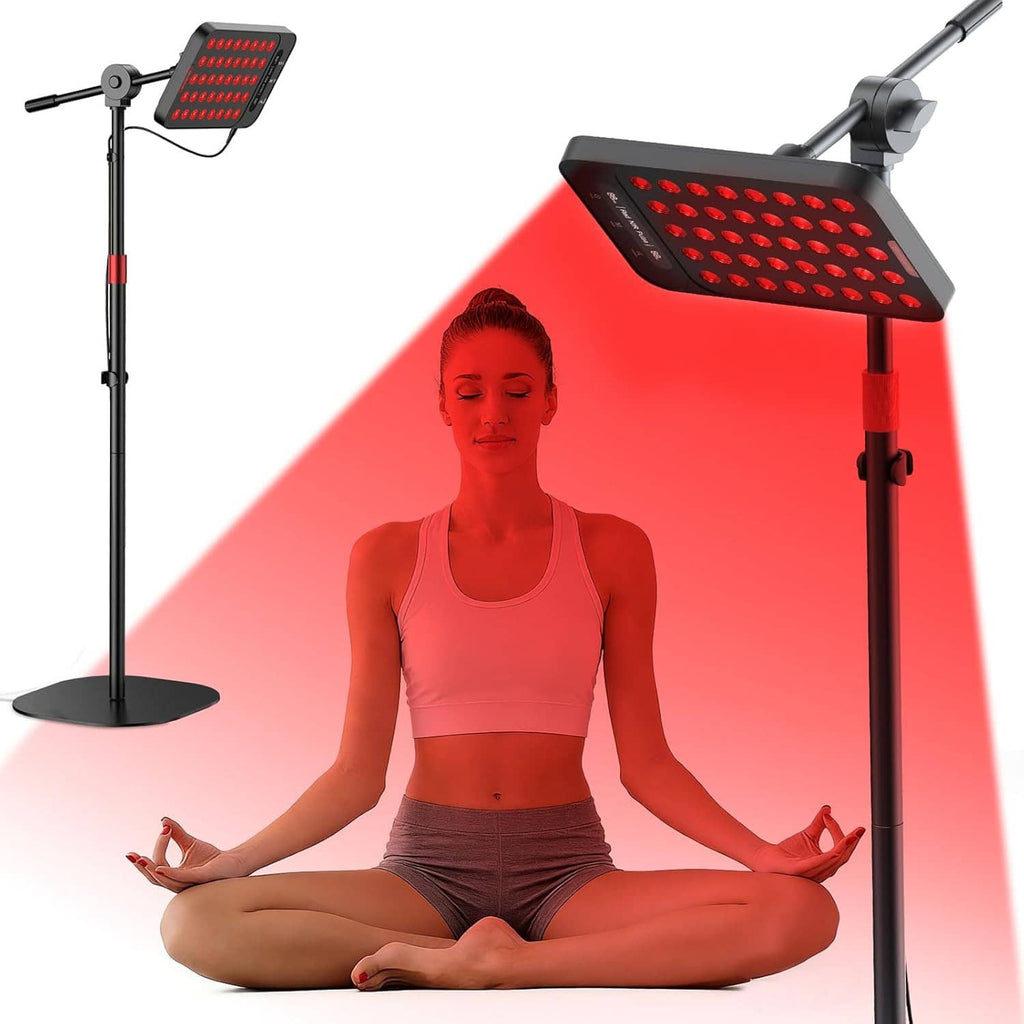 Red light therapy lamp with rectangular red LED panel on adjustable floor stand