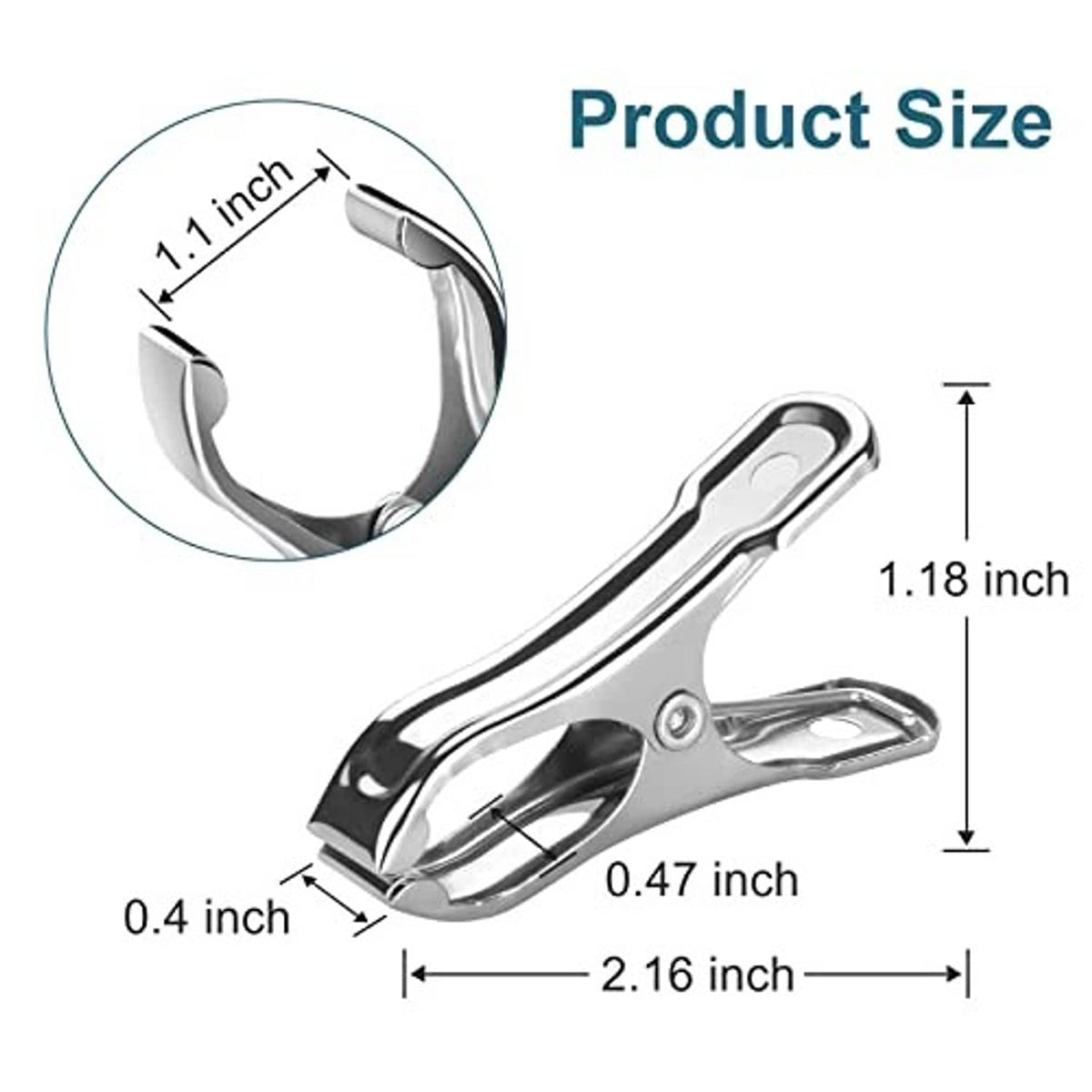 Stainless steel greenhouse clamp clip with hinged jaws and spring latch, shown with measurements