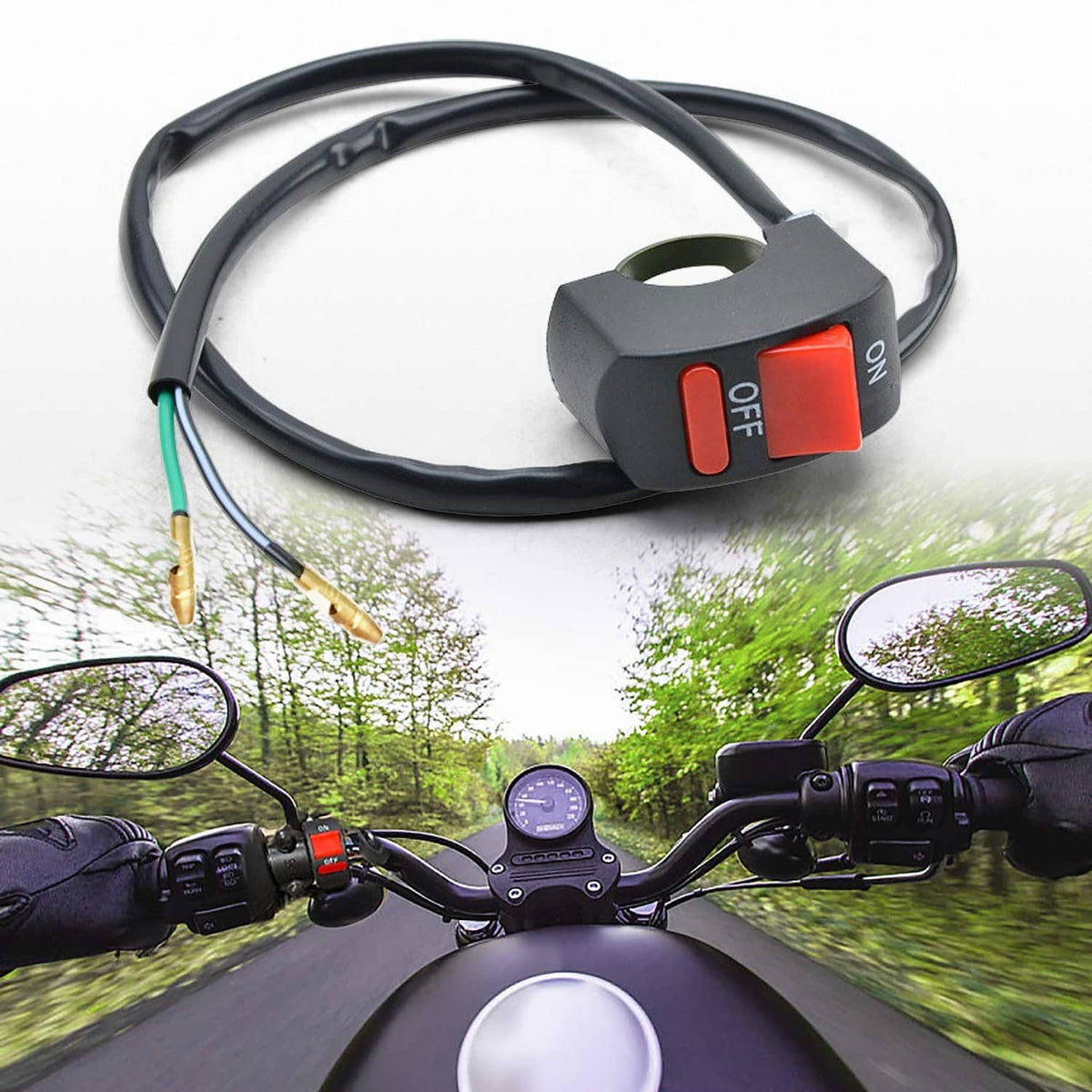 Motorcycle handlebar switch assembly with red ON/OFF push buttons and wiring harness