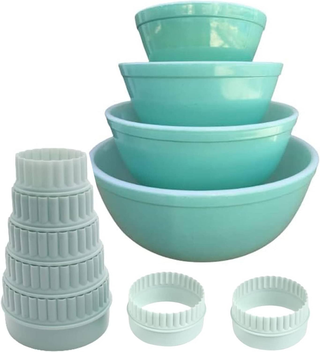 Teal stackable bowl risers set with tall scalloped base and three small round risers