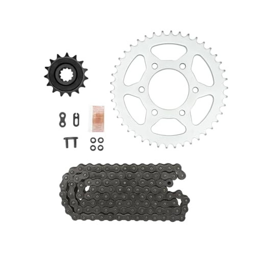 Motorcycle drive sprocket and chain kit with front sprocket, sprocket plate, and hardware