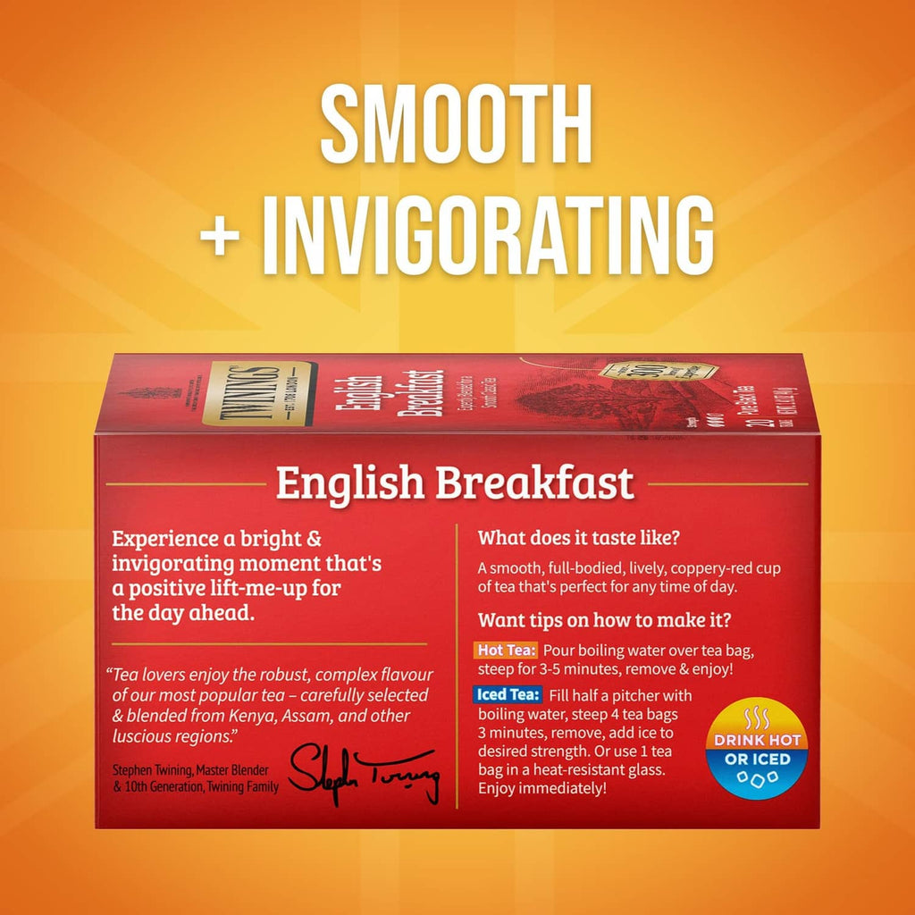 English Breakfast tea box with Smooth + Invigorating label and brewing instructions.