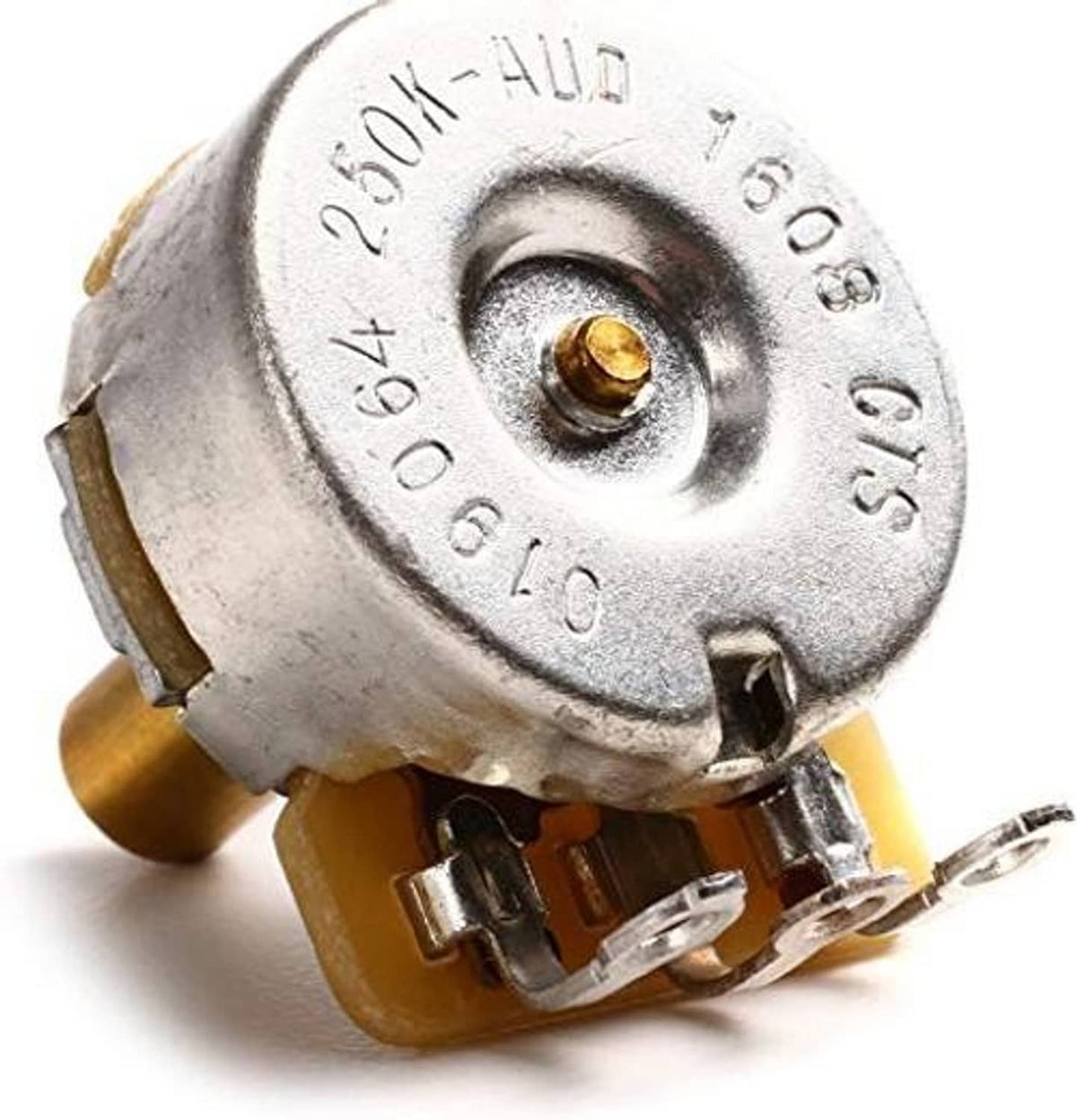 Solid-shaft potentiometer, silver body with gold shaft and solder lugs on the underside