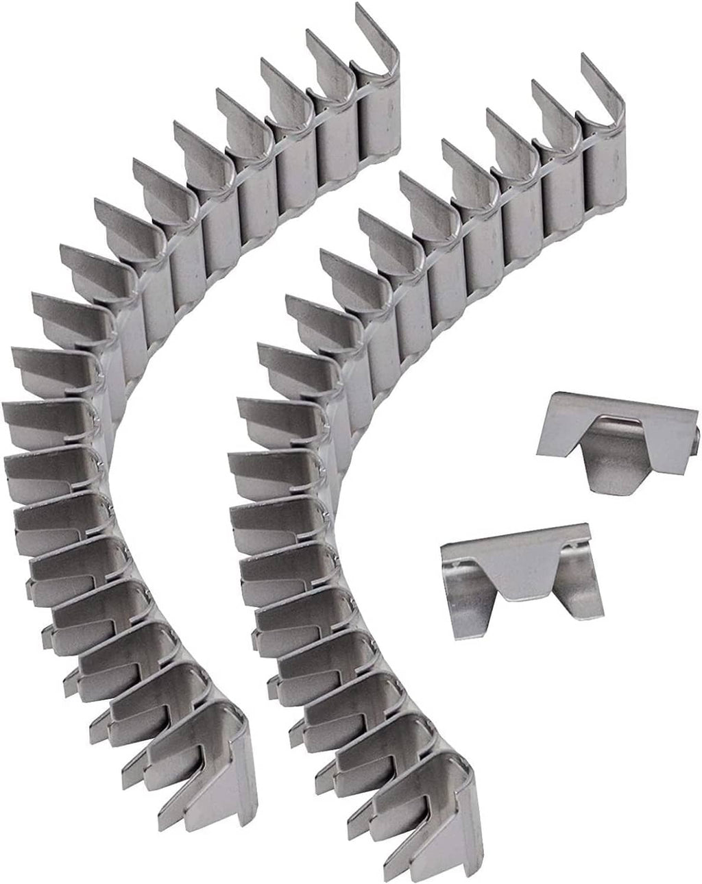 Curved row of silver metal spring clips plus matching individual end clips