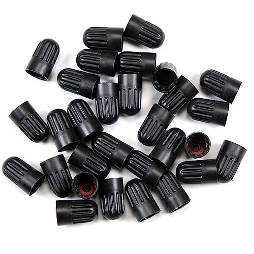 Black plastic long valve stem caps set, with visible red rubber inserts