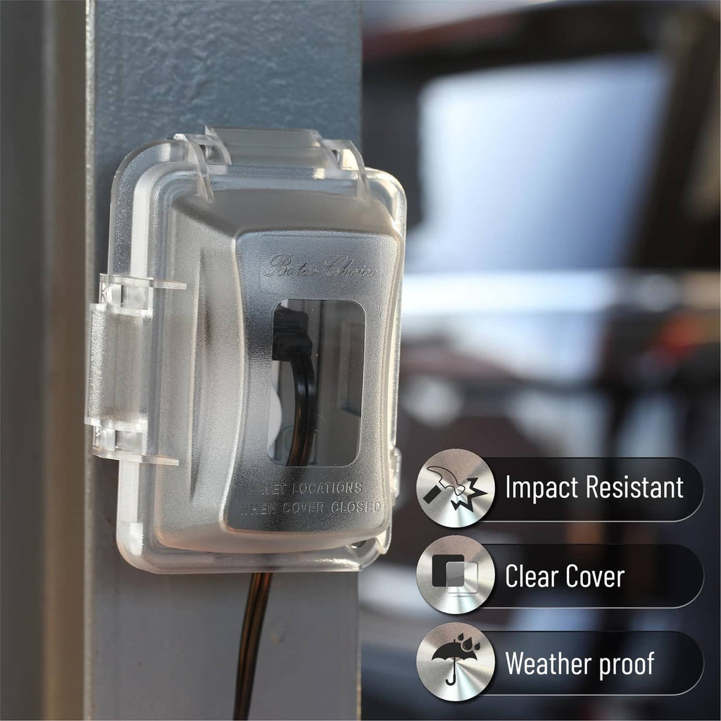Clear weatherproof outlet cover with impact-resistant design and transparent hinged cover