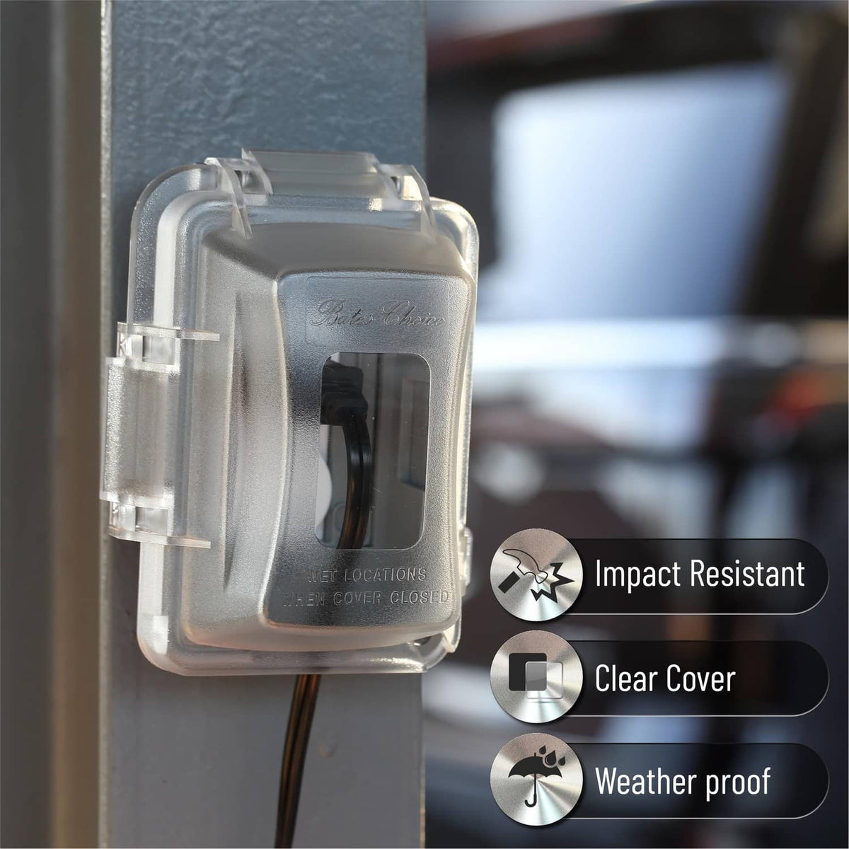 Clear weatherproof outlet cover with impact-resistant design and transparent hinged cover