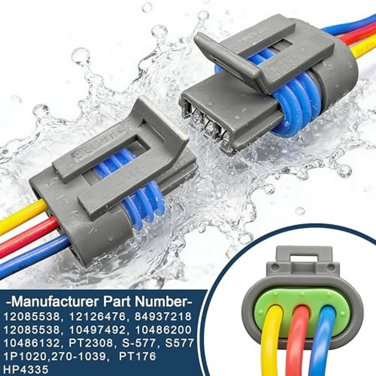 Waterproof-style sensor connector wiring harness with gray plugs and colored wires