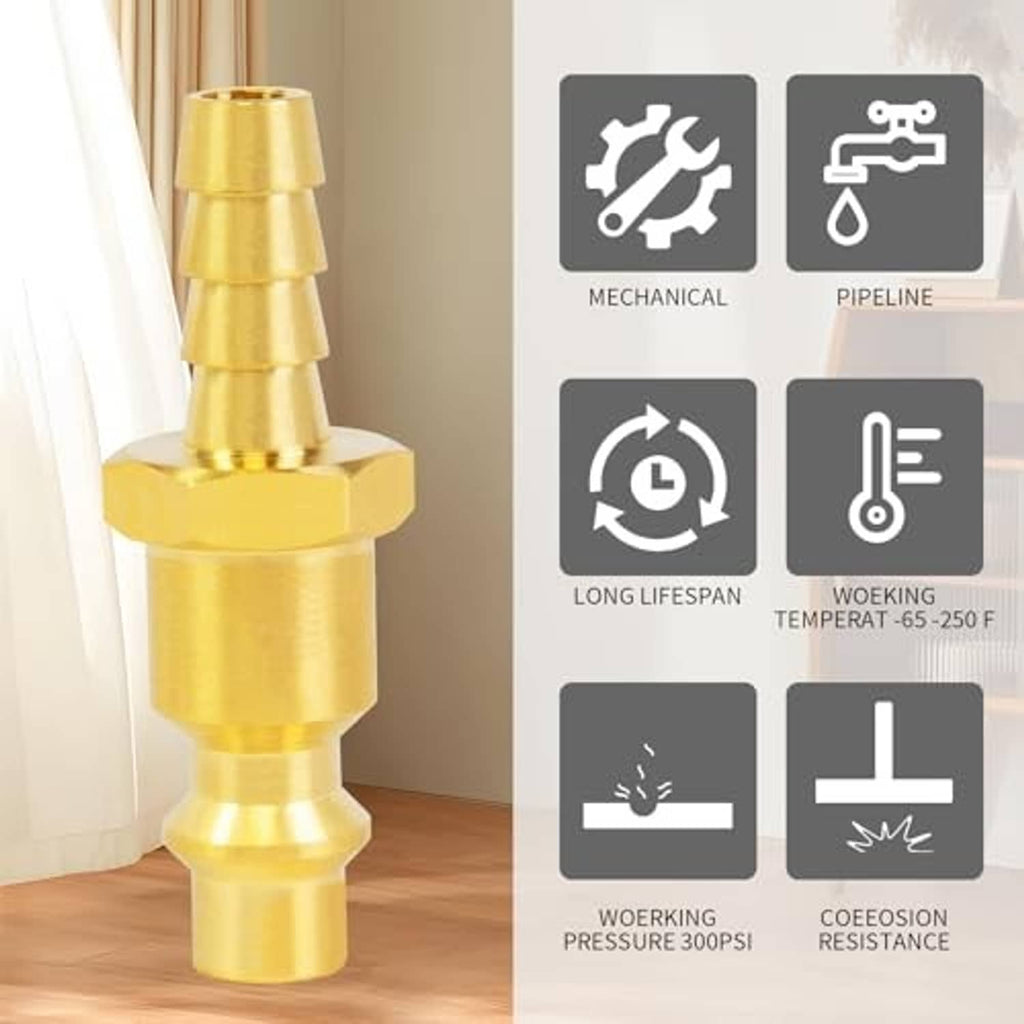 Brass hose barb connector with included hose clamp, shown upright