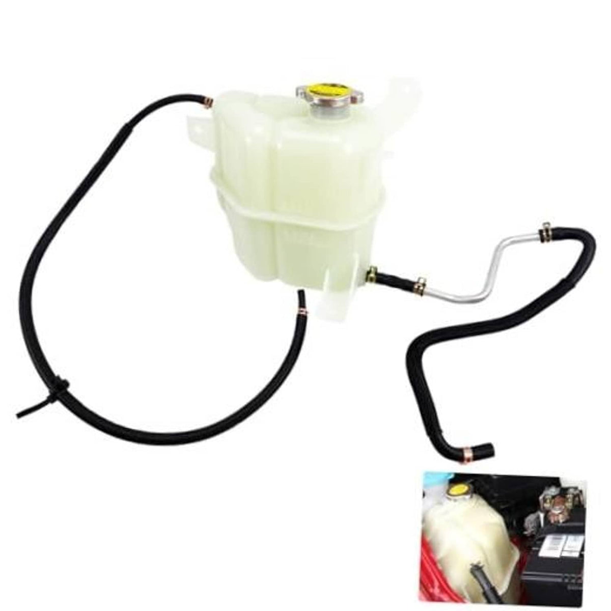 Engine coolant reservoir tank with cap, pale translucent body and black hose set