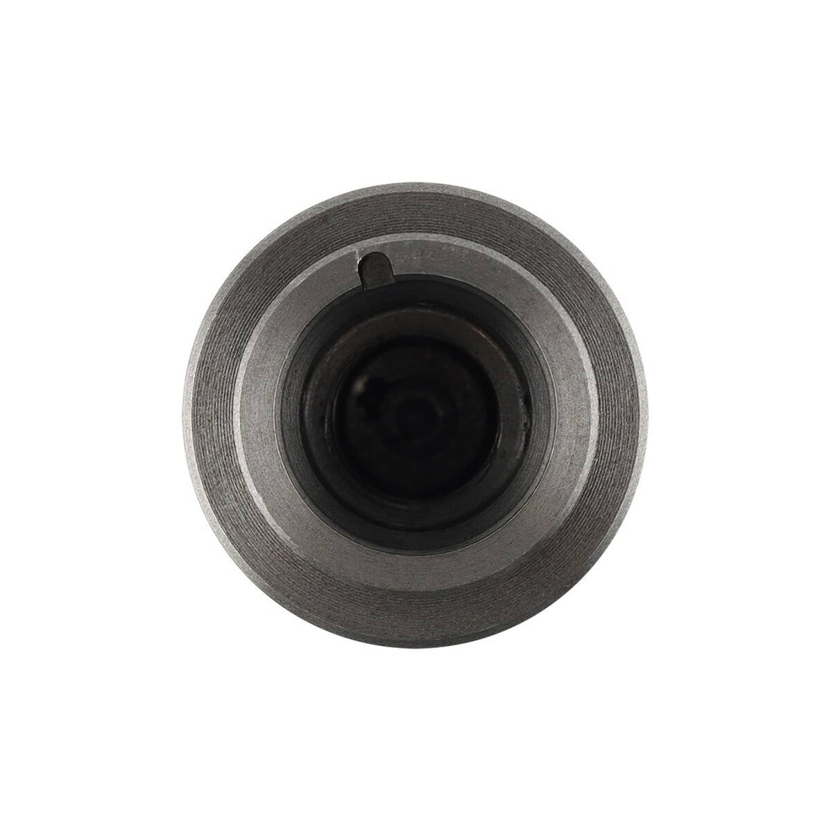 Left exhaust camshaft round end face with central bore and dark seal