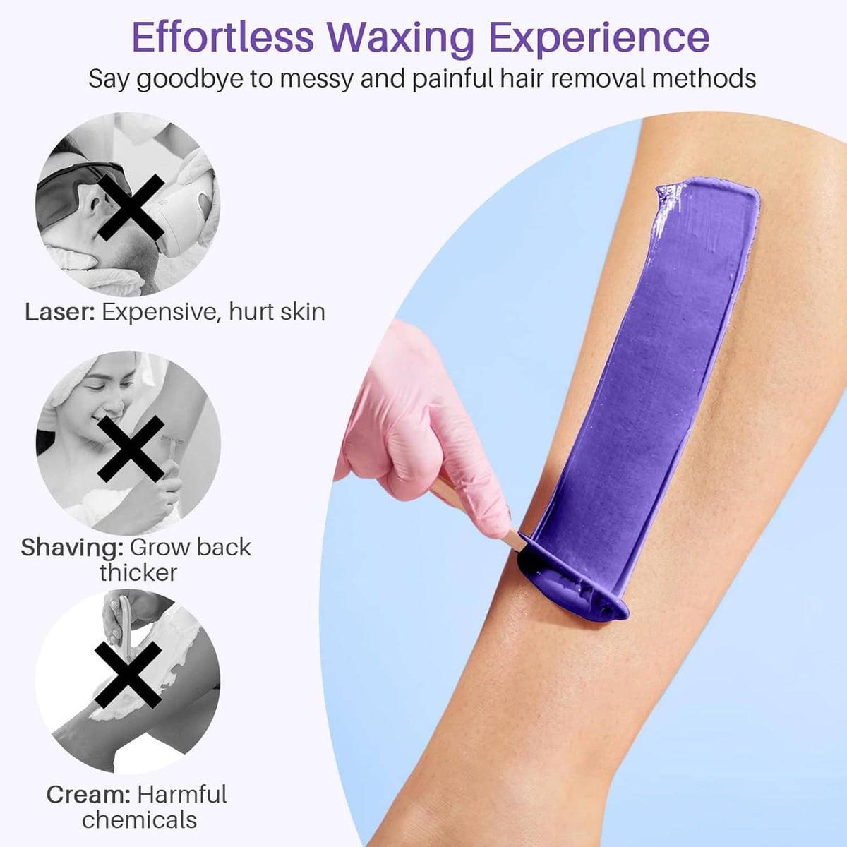 Hard wax strip applied to leg using a compact wax warmer kit