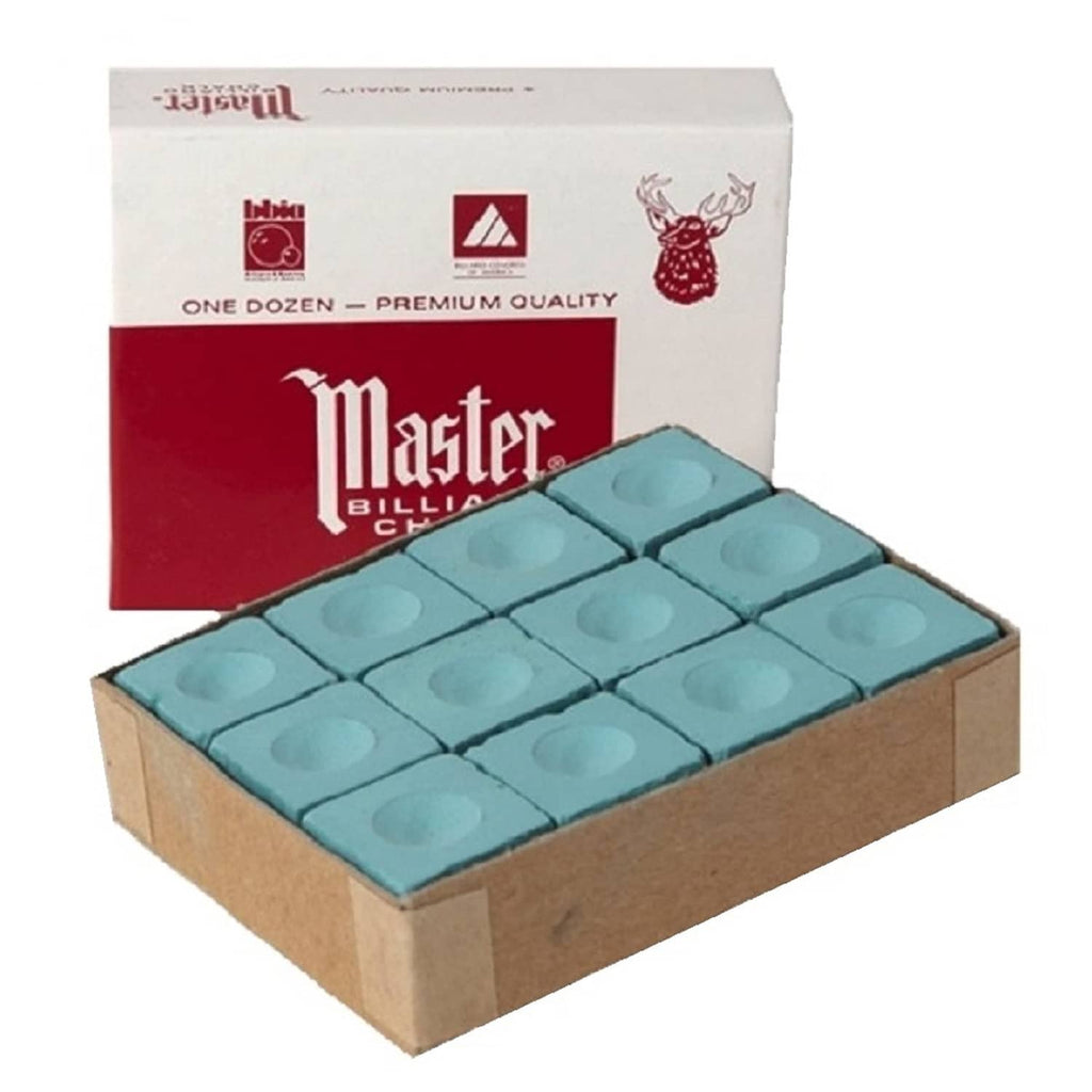 Cardboard box open to show 12 green billiard chalk cubes in a tray