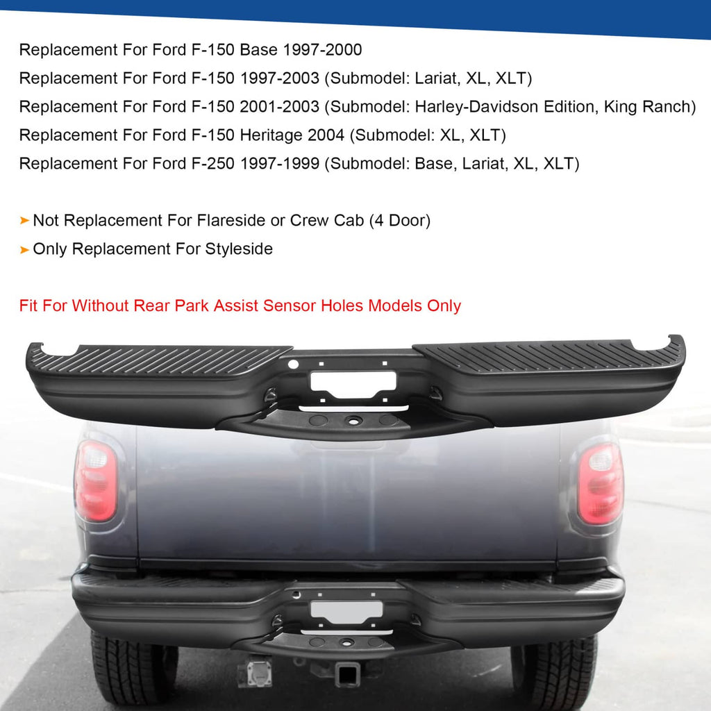Black rear step bumper with textured panels and center license plate mount