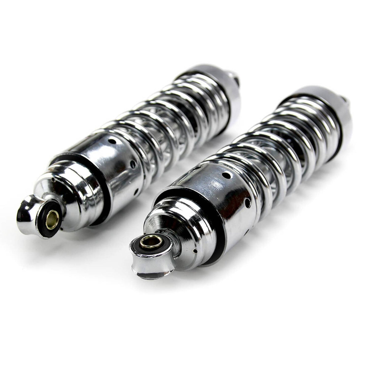 Close-up view of two chrome rear shocks with black coil springs and lower mounts