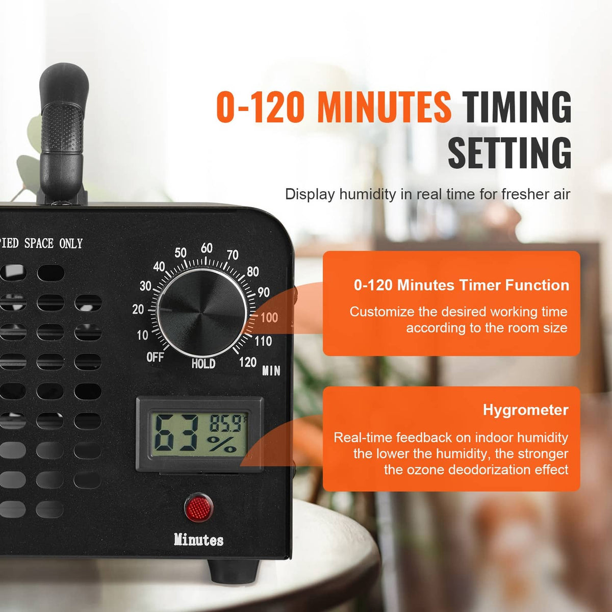 Ozone generator with timer dial and humidity readout screen; vented front panel.