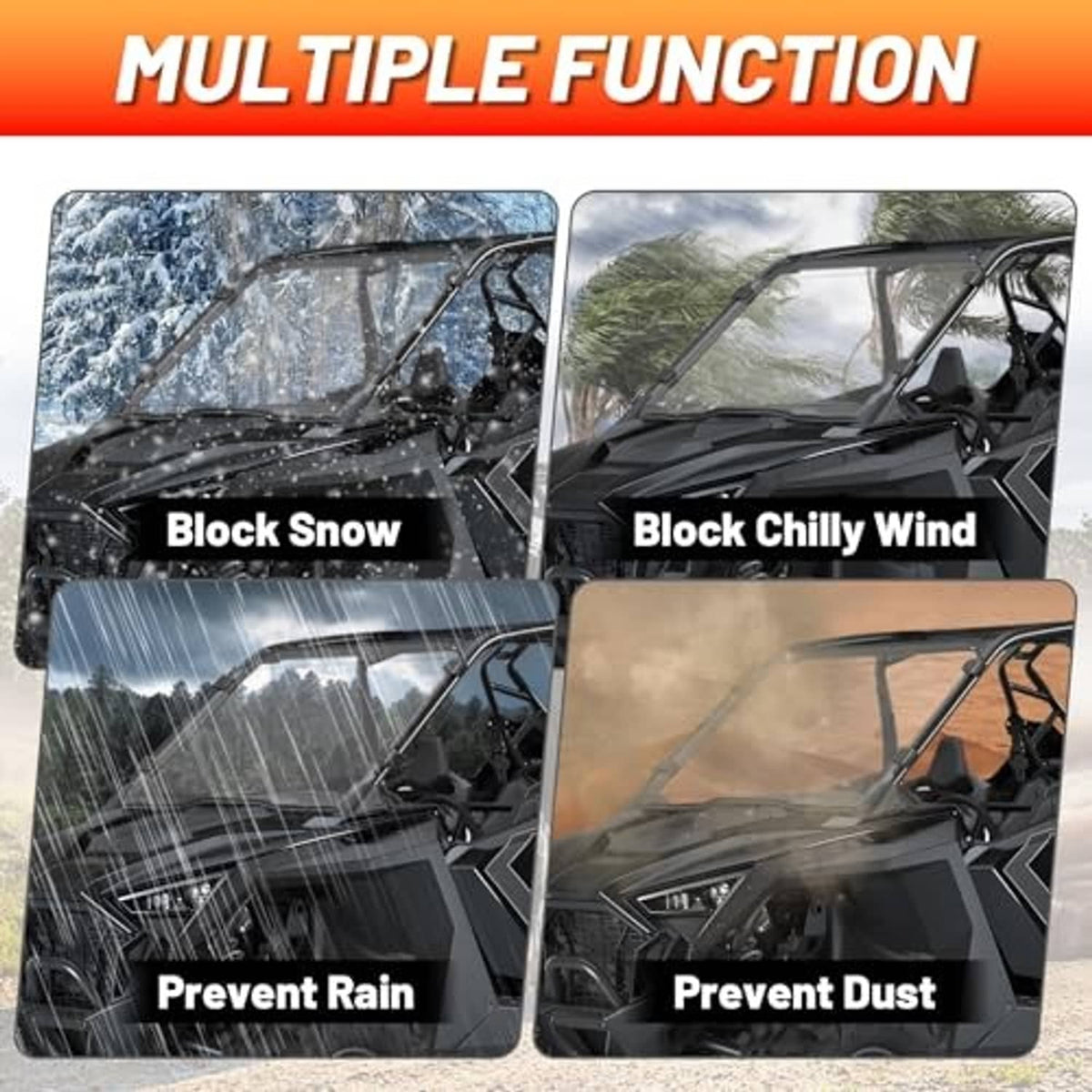 UTV windshield panel for blocking snow, rain, and dust, clear with black frame