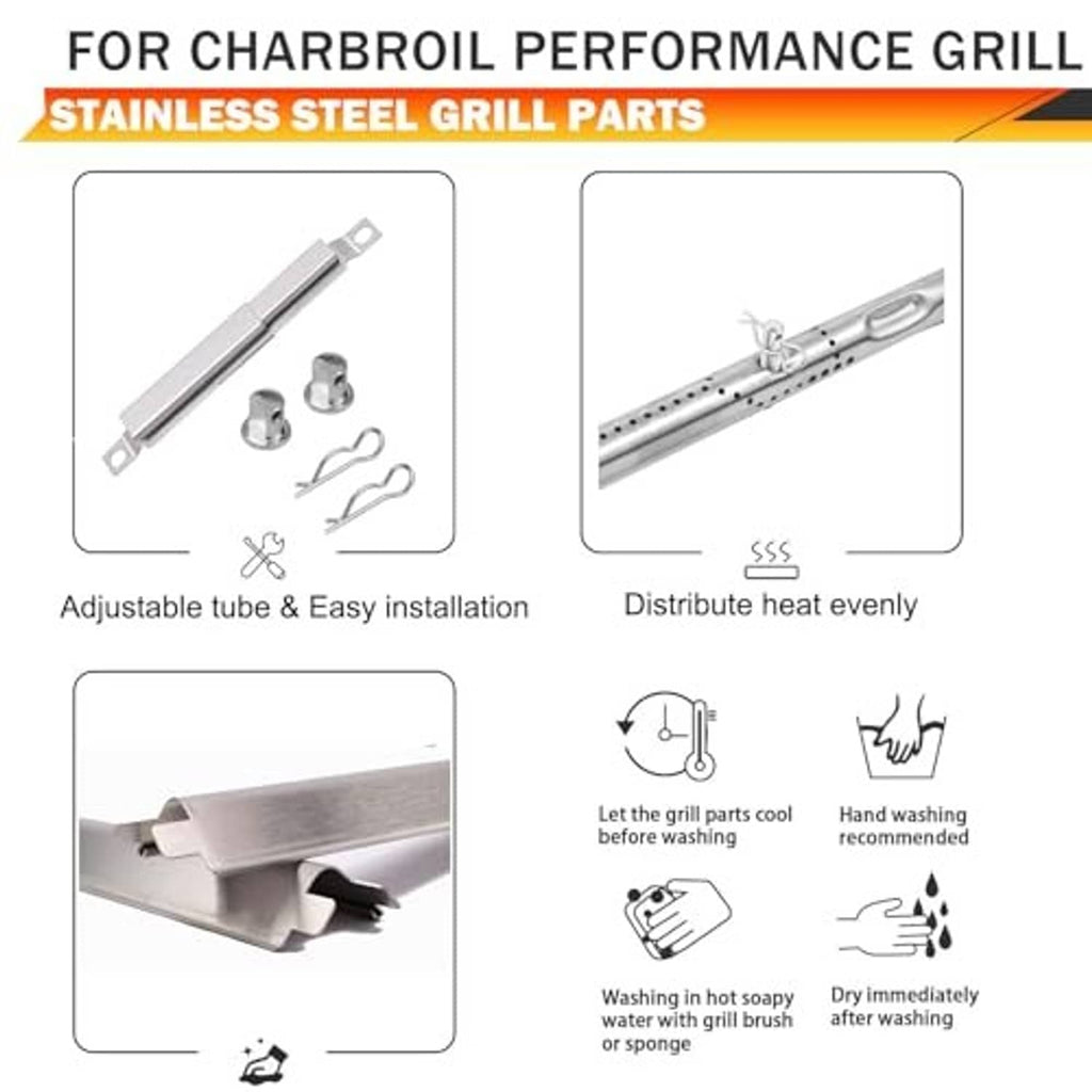 Stainless steel grill burner kit with heat distribution tube and clamps