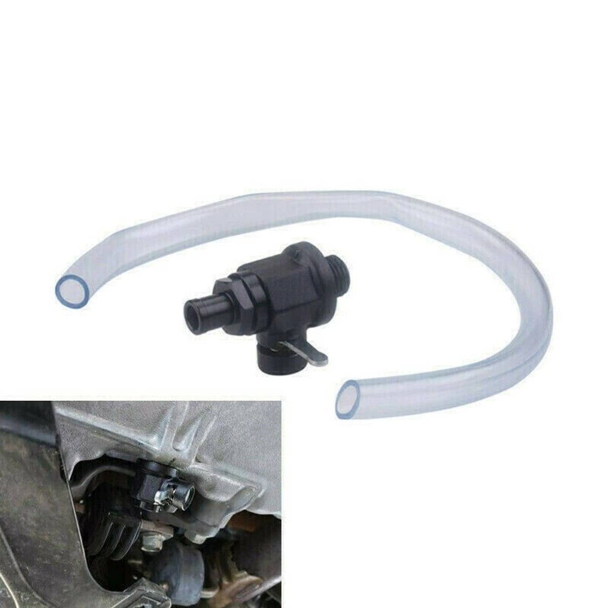 Engine oil drain plug kit with black valve and clear tubing