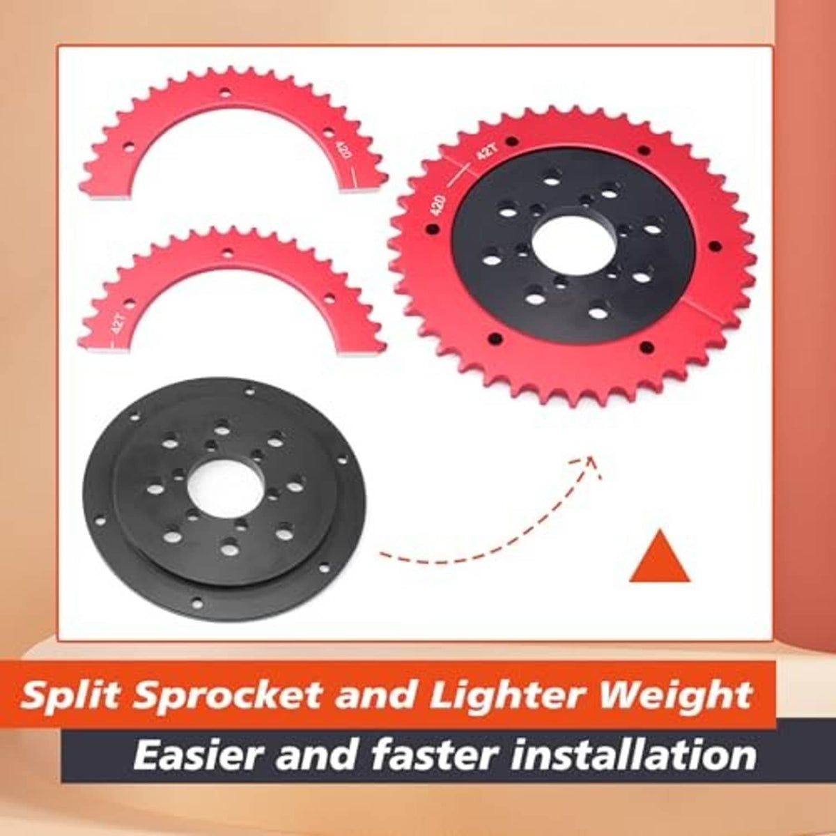 Split sprocket hub adapter showing red and black sprocket halves and bolt holes