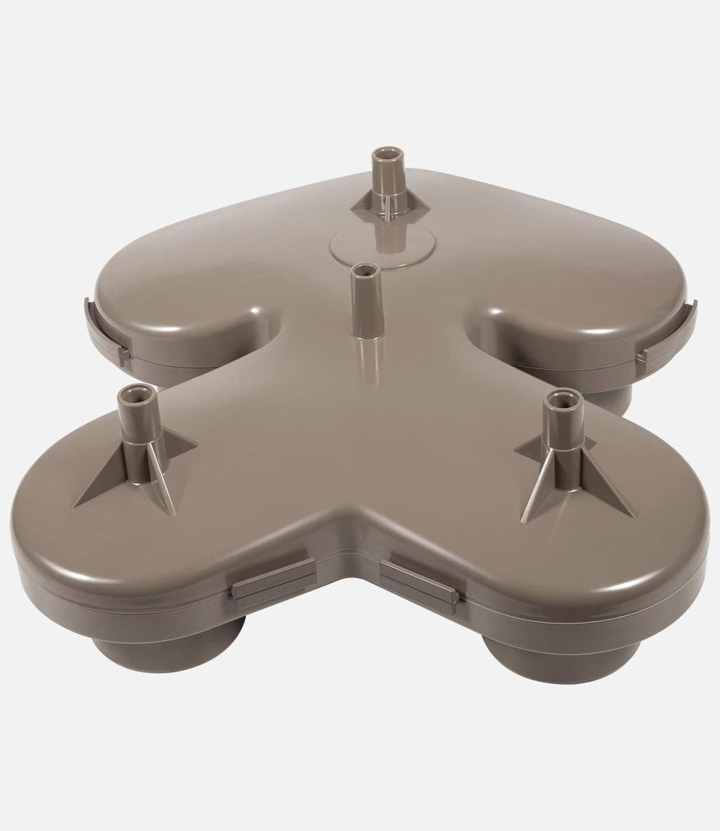 Gray plastic pool filter top manifold replacement, top view with central stem and ports