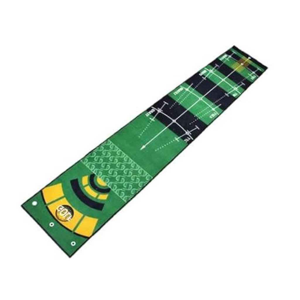 Green golf putting mat with alignment grid and ball target graphics