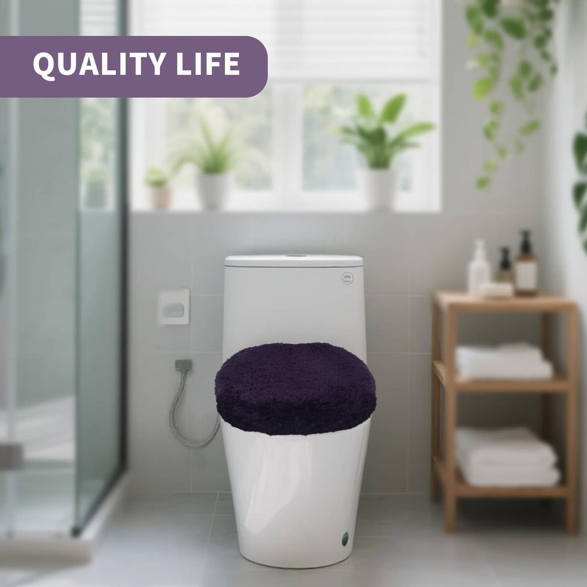 Dark purple microfiber elongated toilet seat cover on white toilet lid