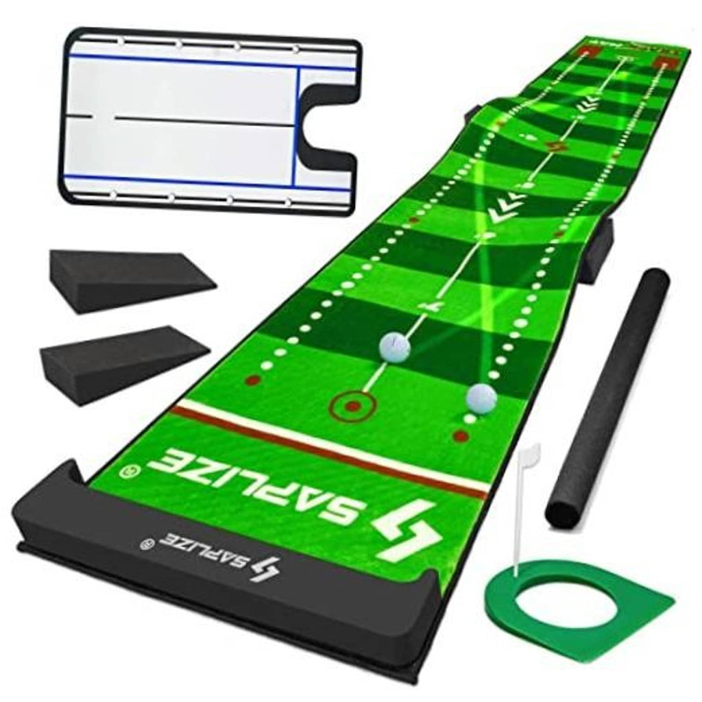 Green putting practice mat with ball return, training posts, and alignment accessories