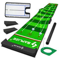 Green putting practice mat with ball return, training posts, and alignment accessories