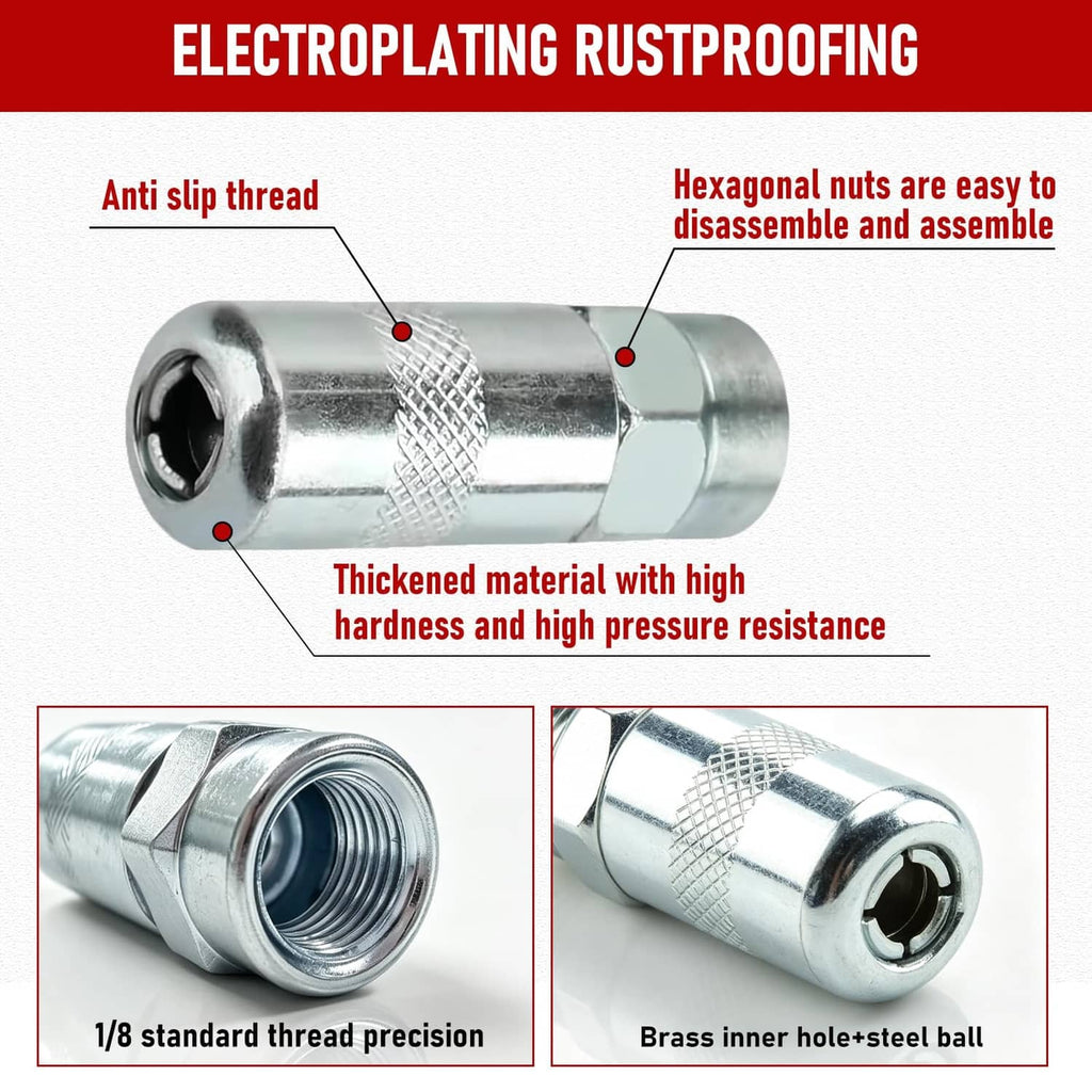 Steel grease gun coupler tip with anti-slip knurling and central grease fitting socket