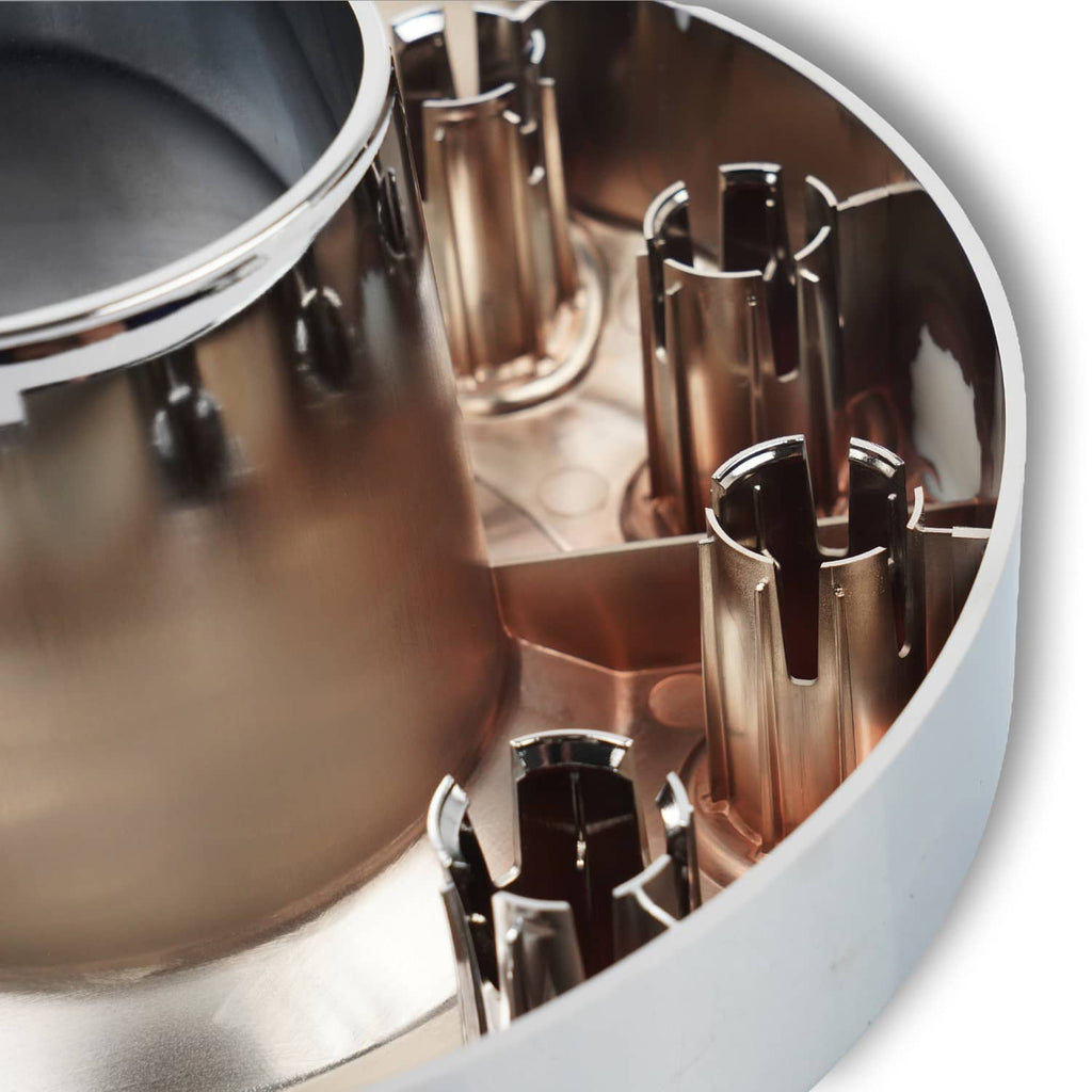 Close-up of hub cap interior clips and reflective metal mounting surface