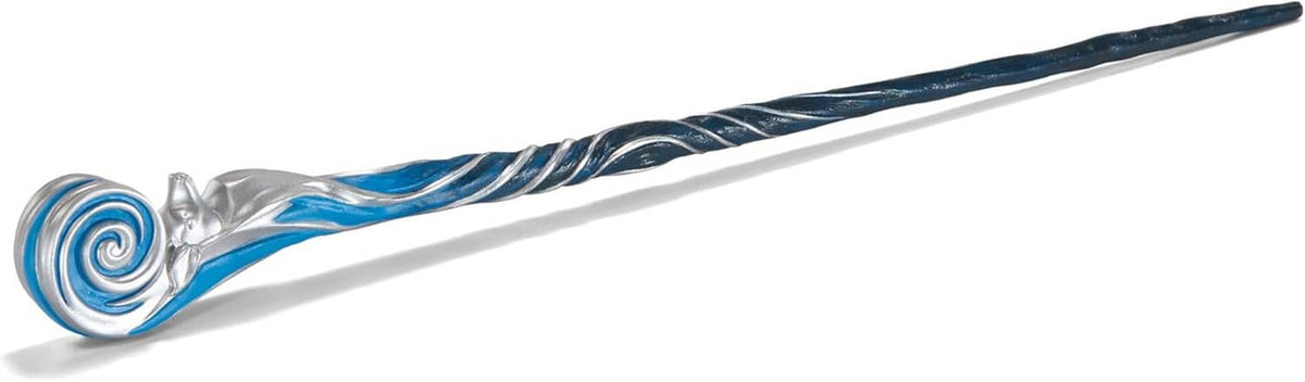 Side view magic wand with silver spiral head and dark blue swirled grip