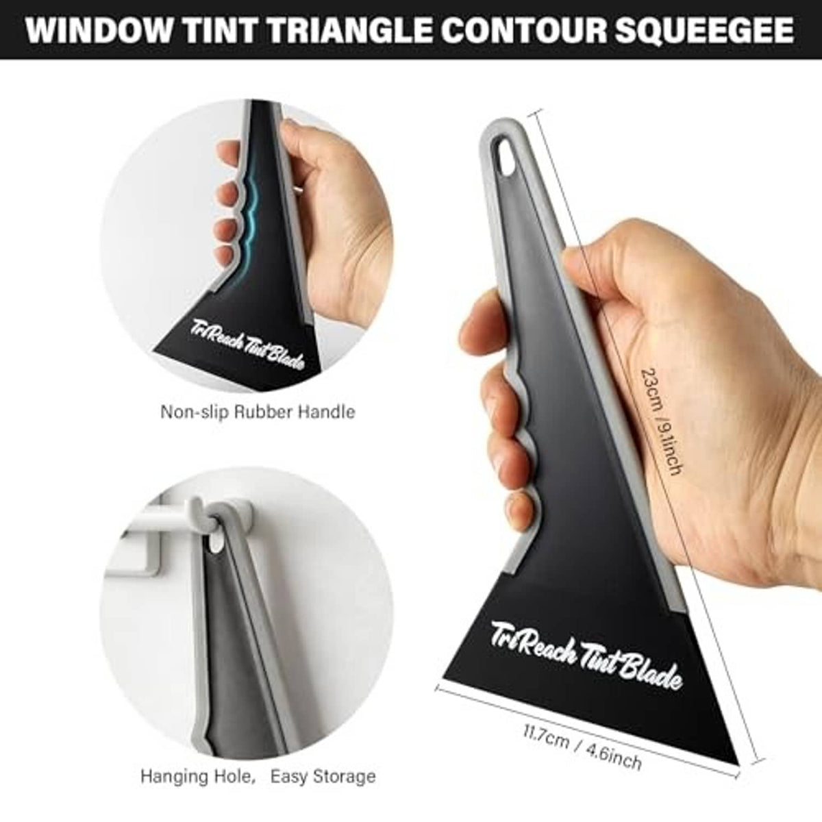 Triangle contour window tint squeegee with non-slip handle, gray with red edge
