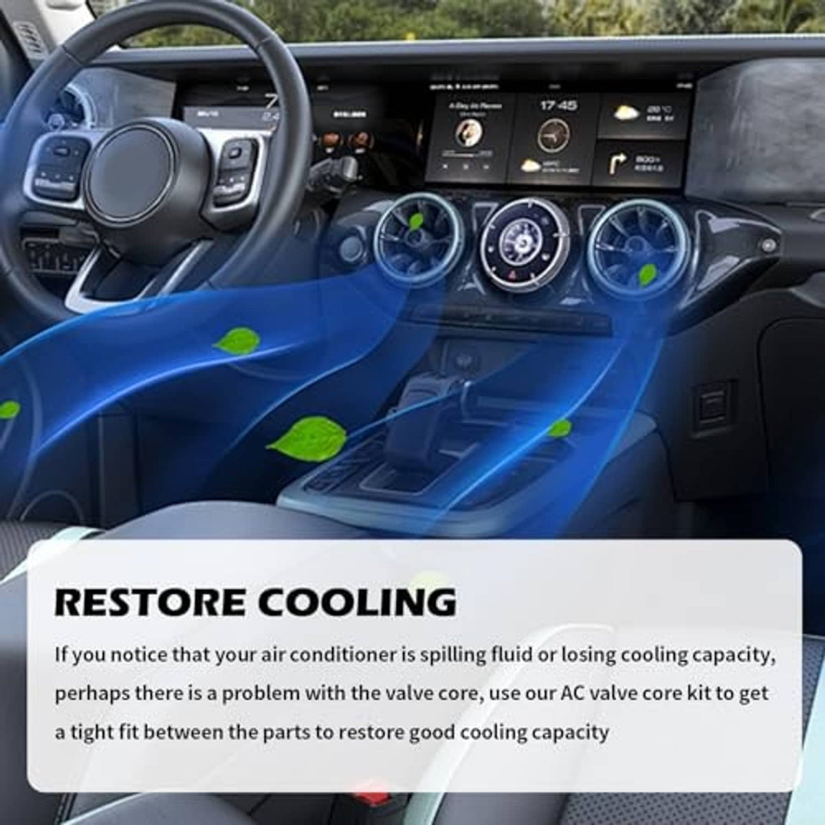 Car AC valve core kit shown with amber insertion tool and colored caps on a dashboard cooling graphic