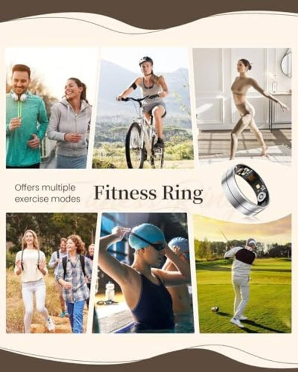 Silver fitness tracking ring shown in workout mode promotional collage