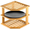 Natural bamboo corner 3-tier shelf organizer with slatted shelves and a black round dish