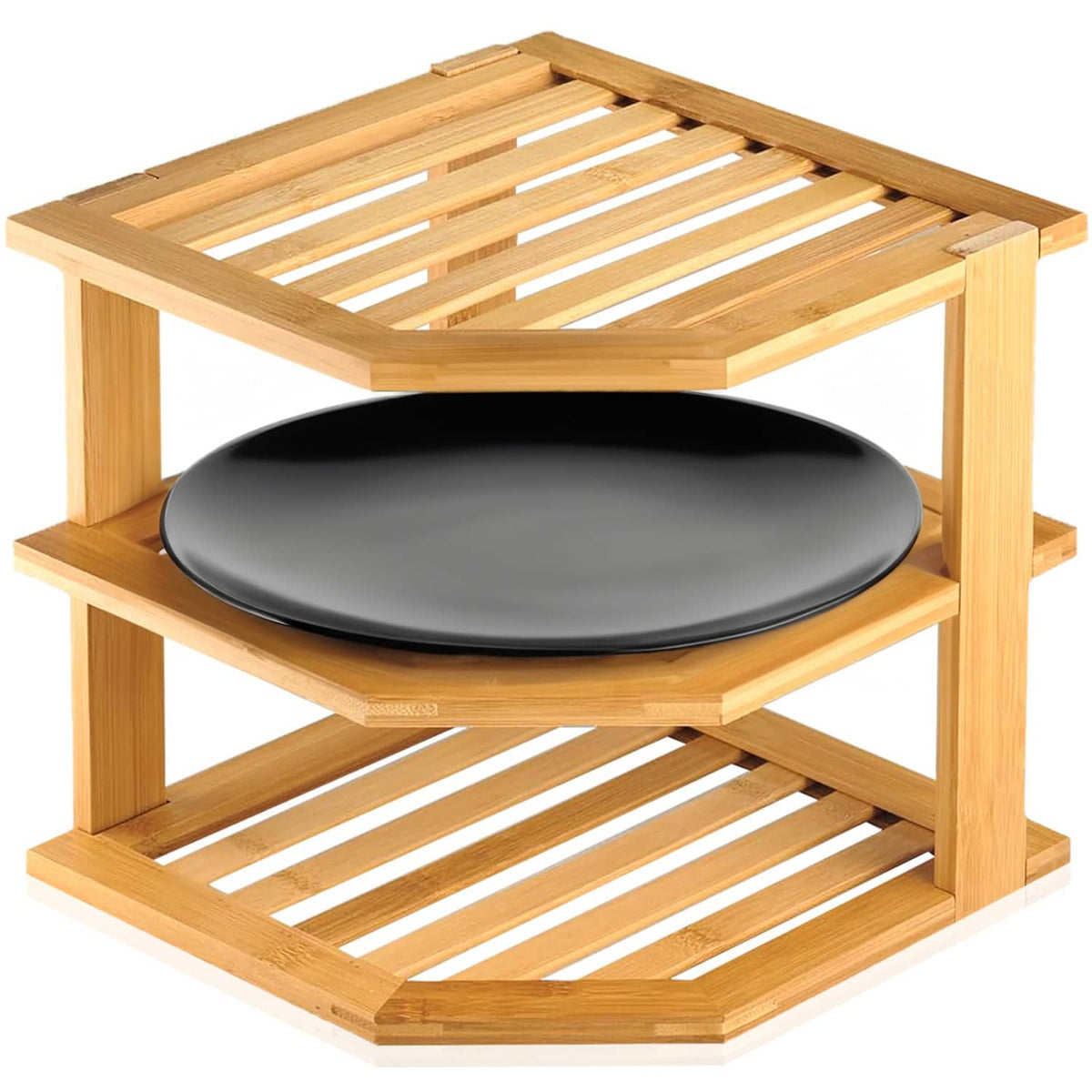 Natural bamboo corner 3-tier shelf organizer with slatted shelves and a black round dish