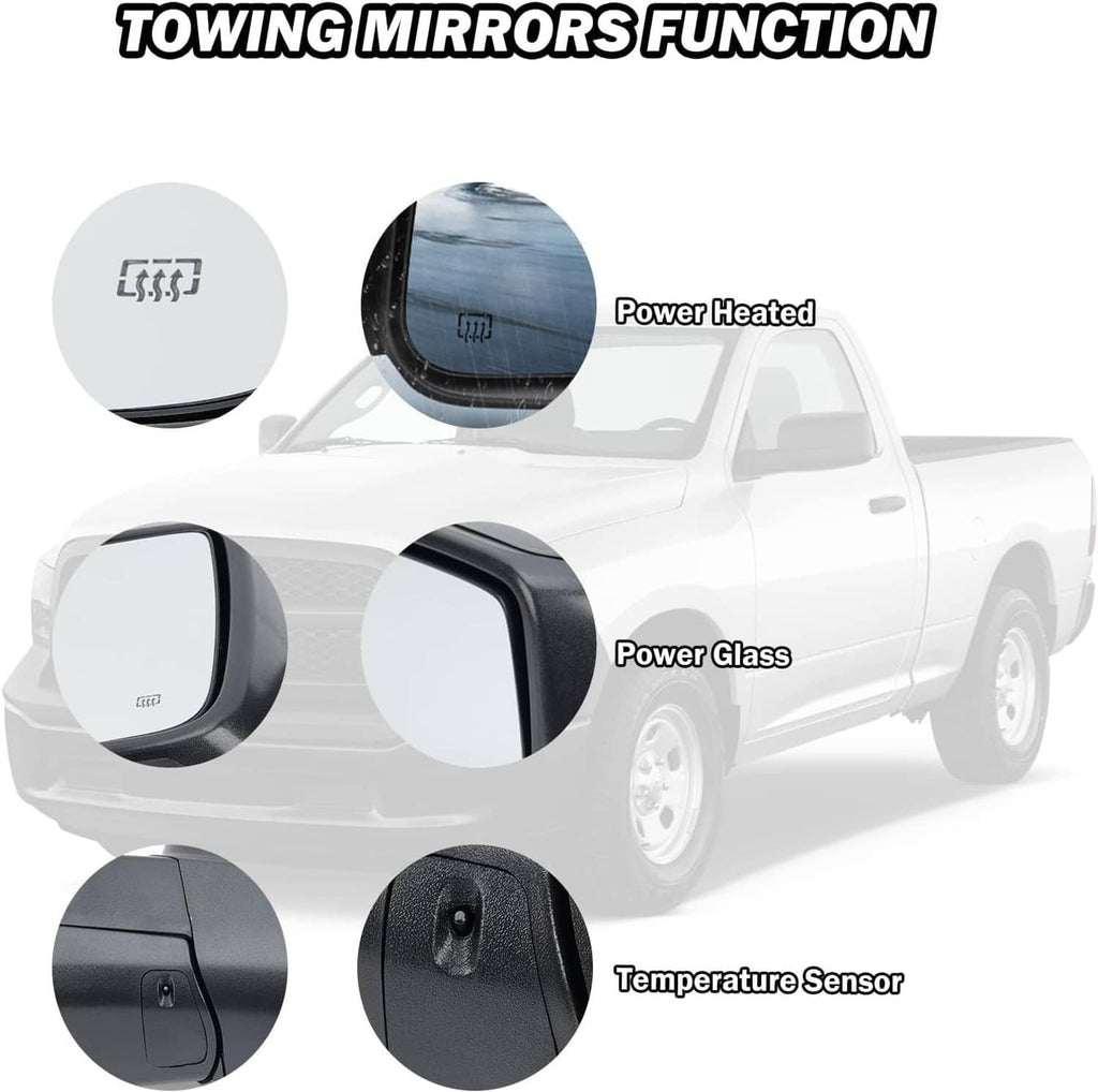 Left driver-side heated side mirror for power glass with temperature sensor features