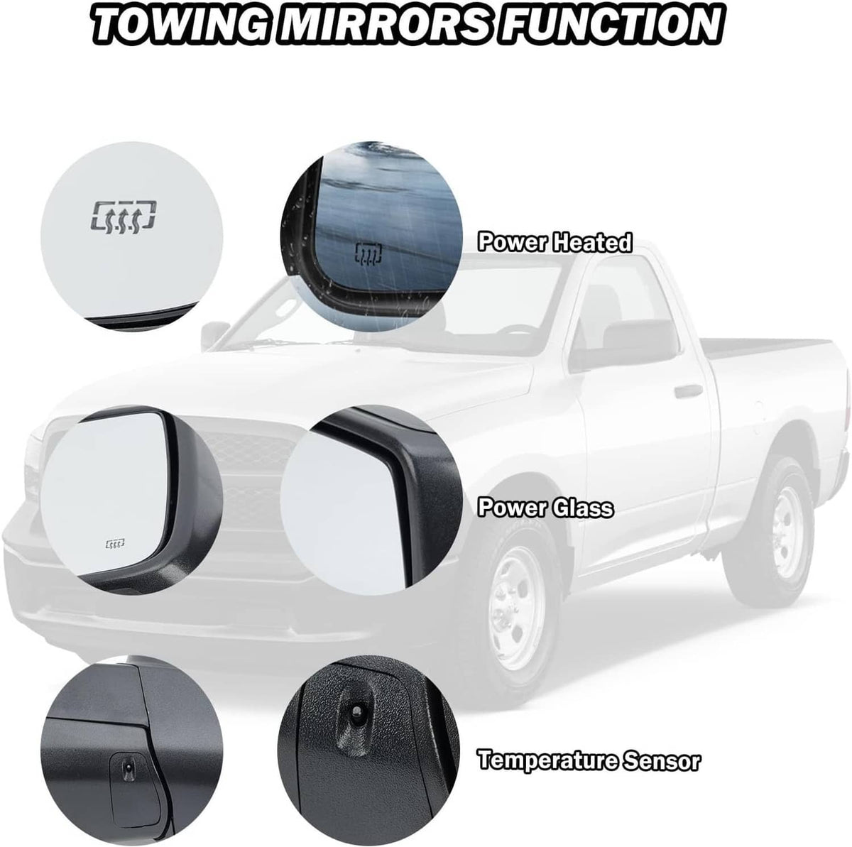Left driver-side heated side mirror for power glass with temperature sensor features