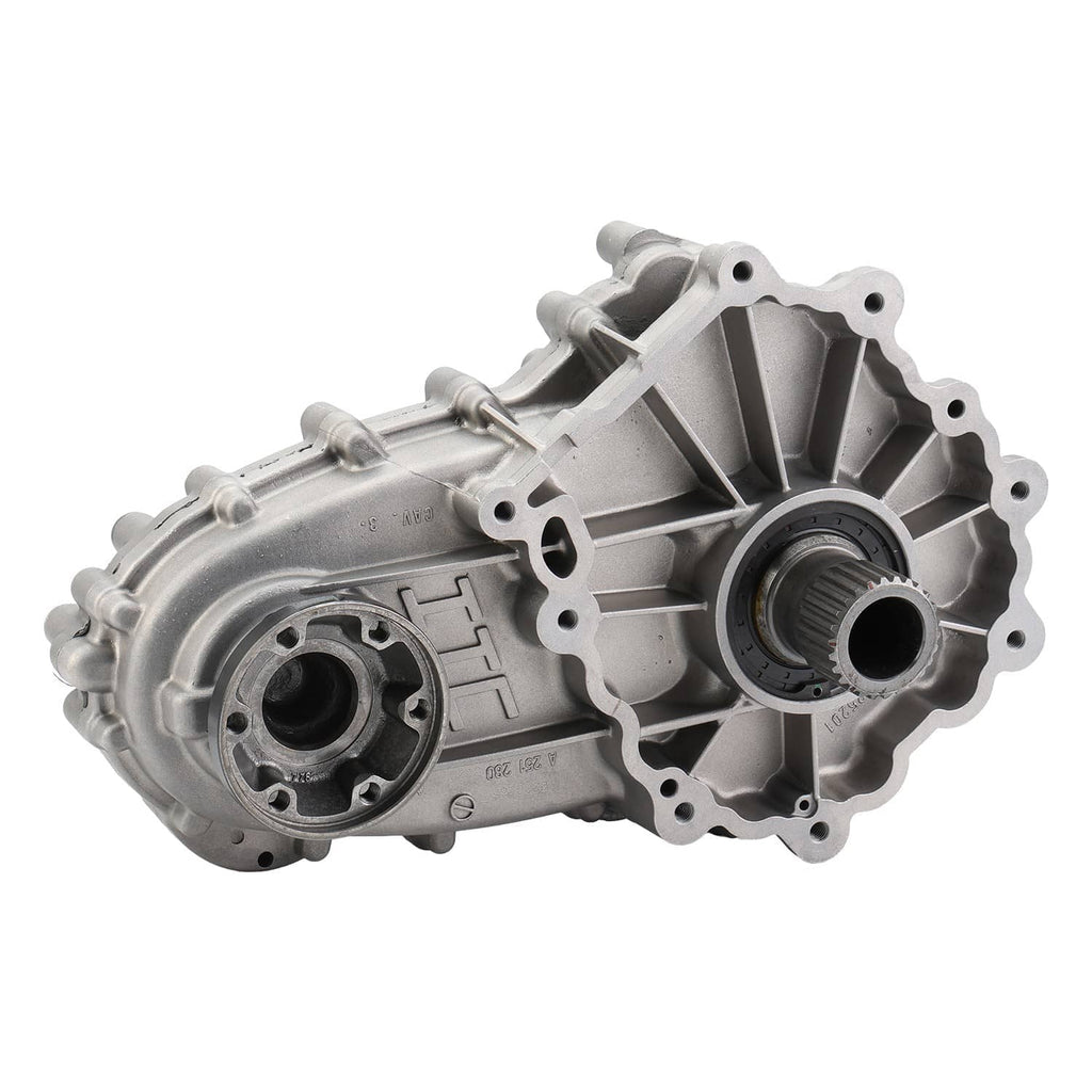 Transfer case assembly, silver housing with ribbed structure and circular input opening