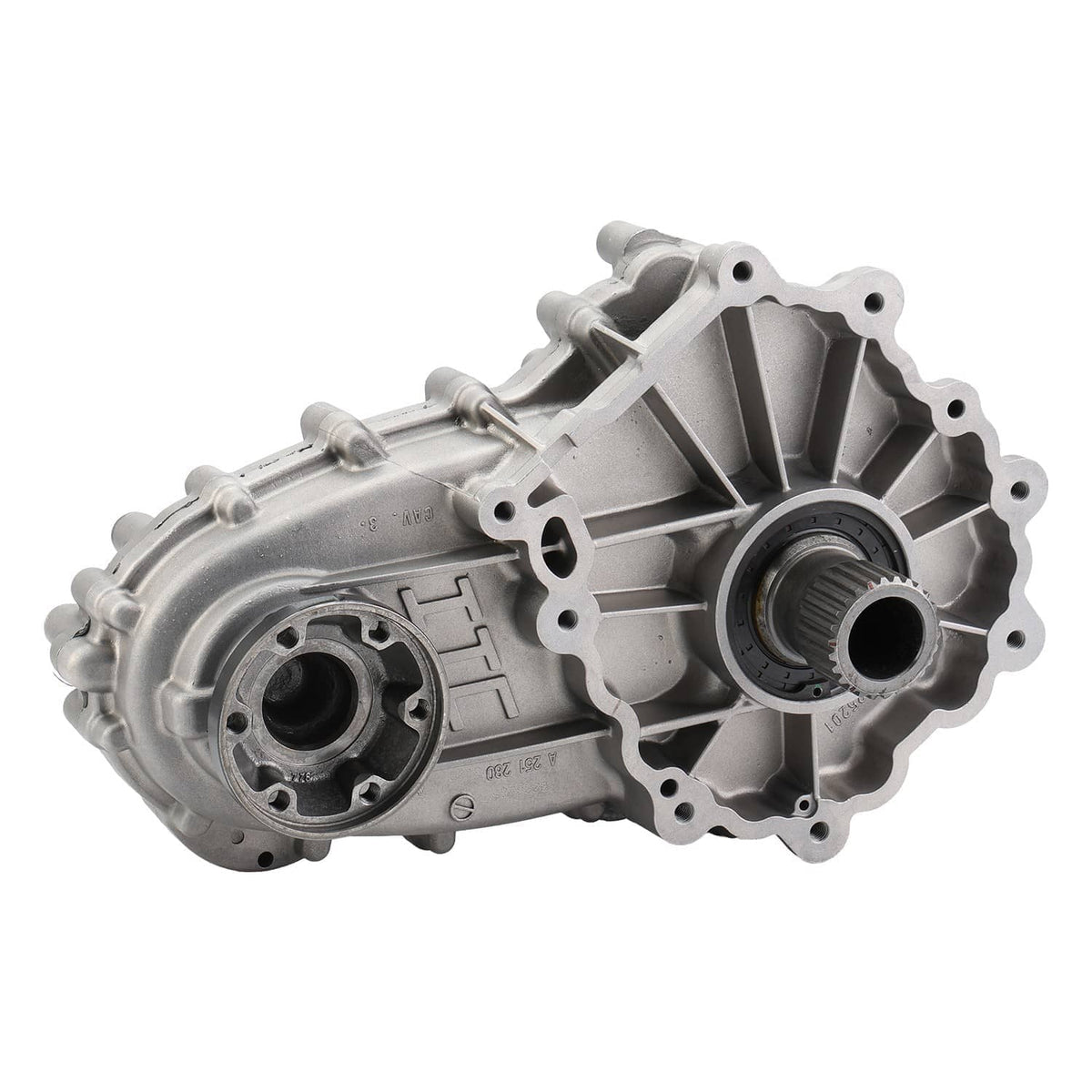 Transfer case assembly, silver housing with ribbed structure and circular input opening