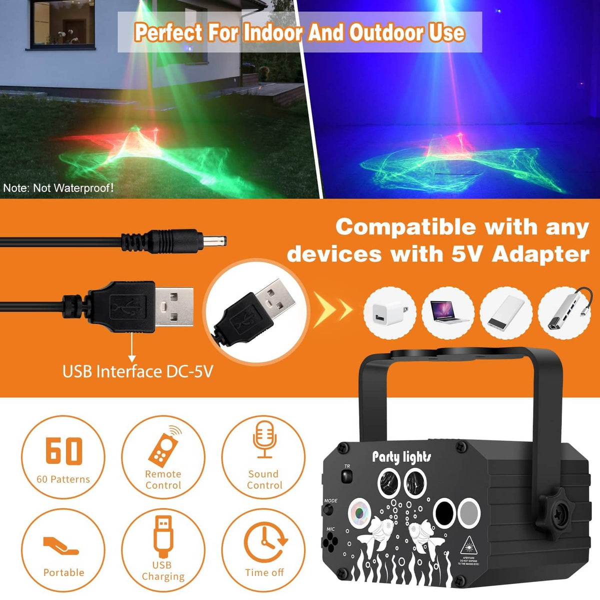 Portable black party laser projector kit with remote and USB DC 5V adapter