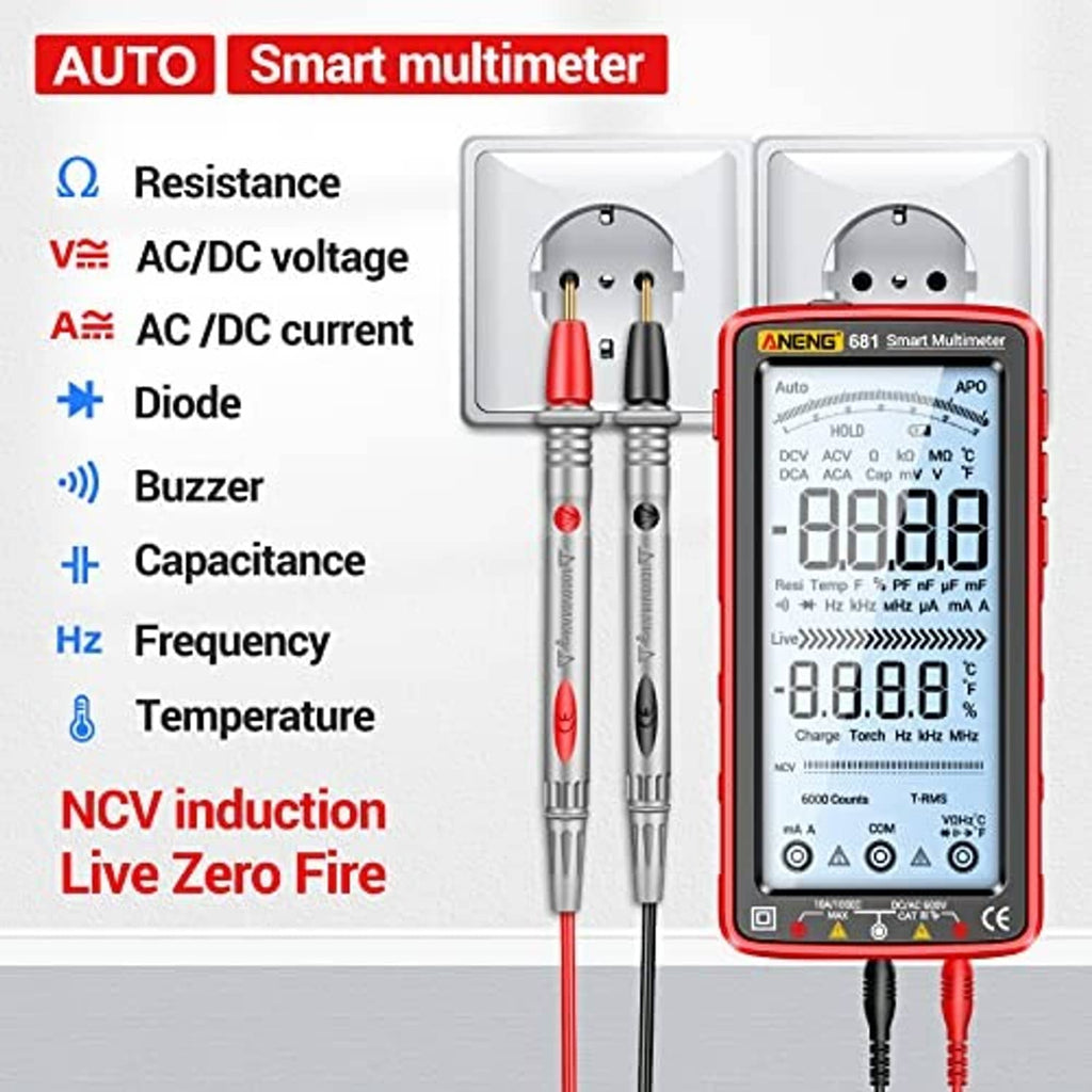 Red digital multimeter tester with illuminated LCD and connected red and black test leads