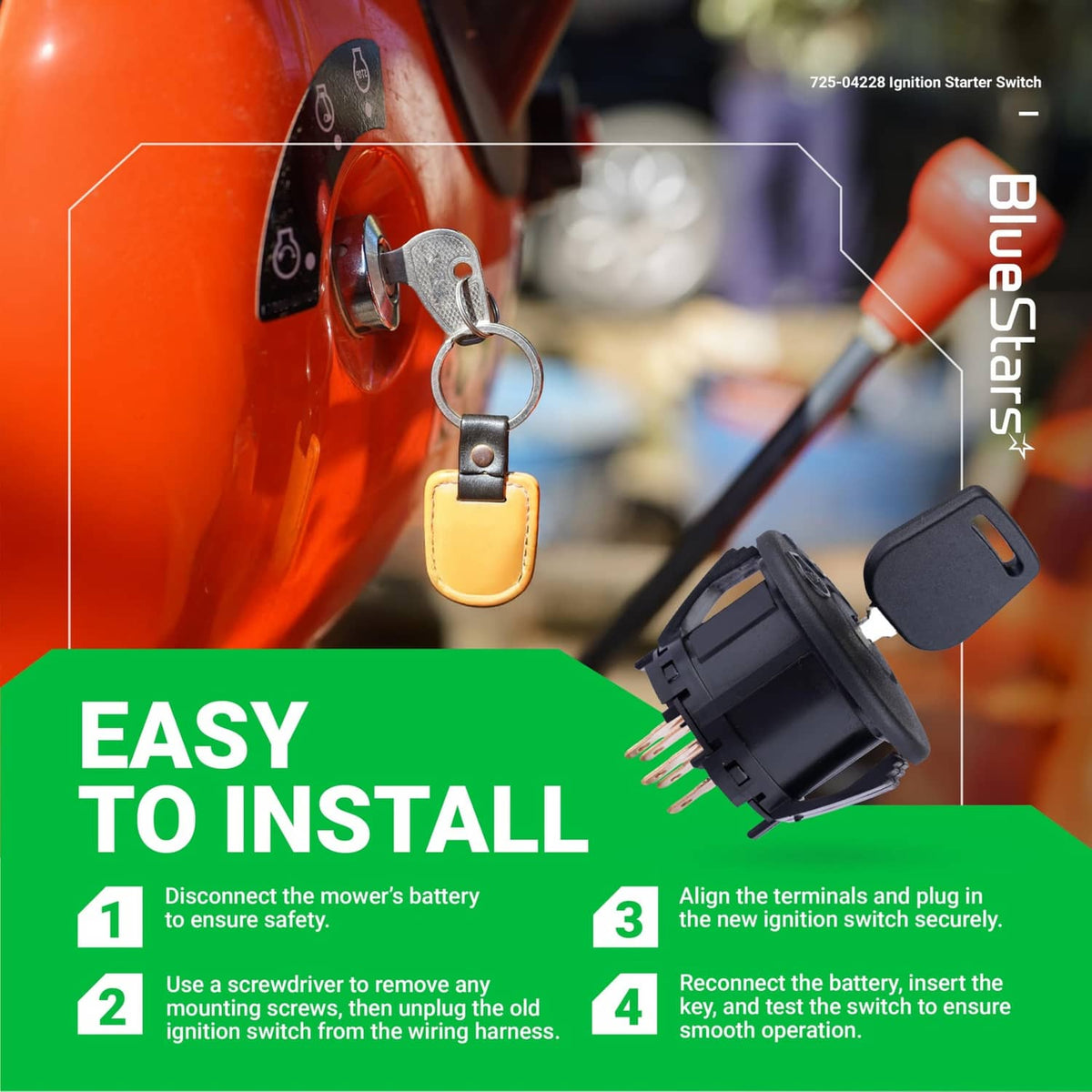 BlueStars ignition switch installation: black switch, keys, and key cylinder on mower