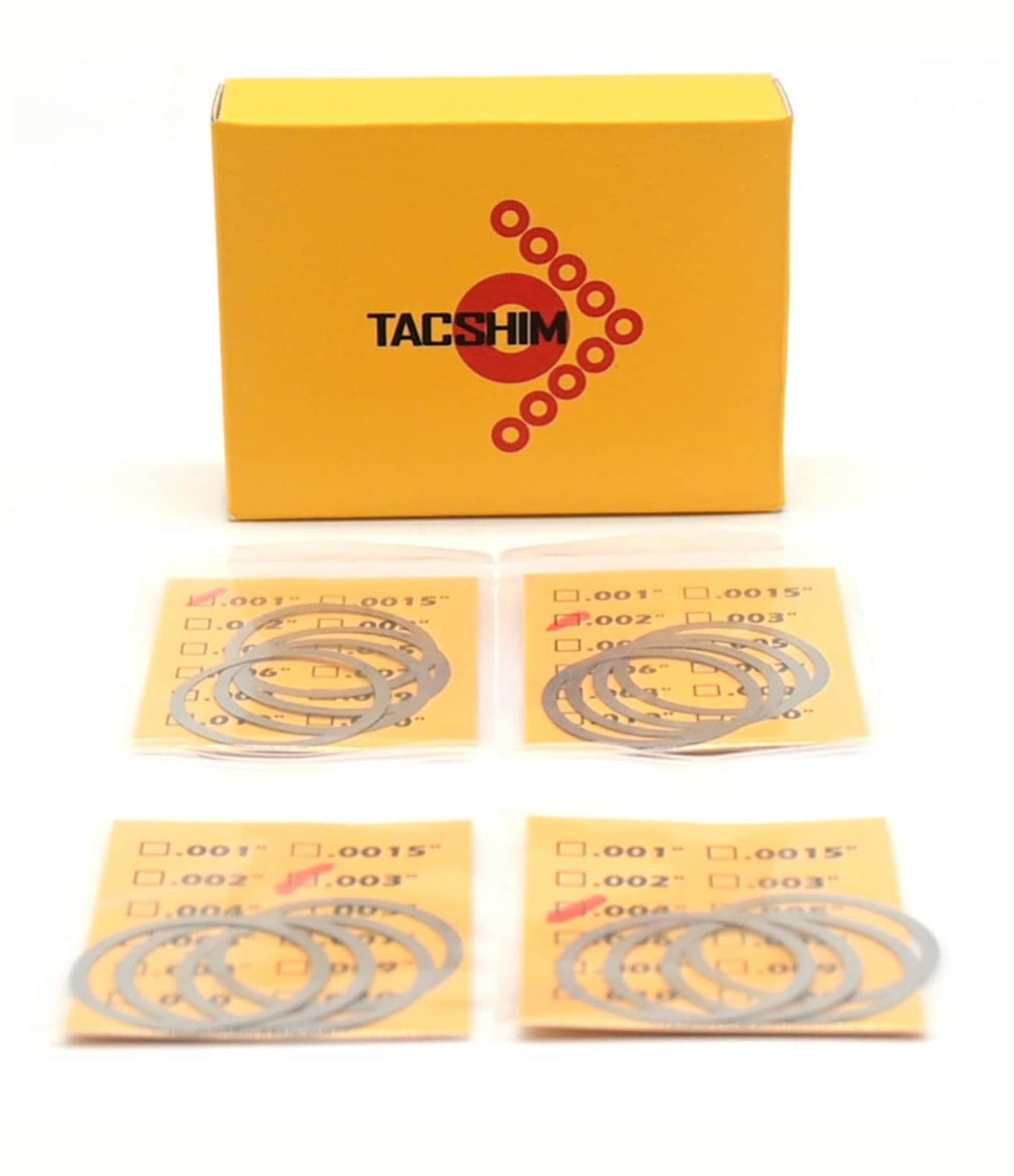 TACSHIM barrel nut shim kit box with blister packs containing gray metal ring shims